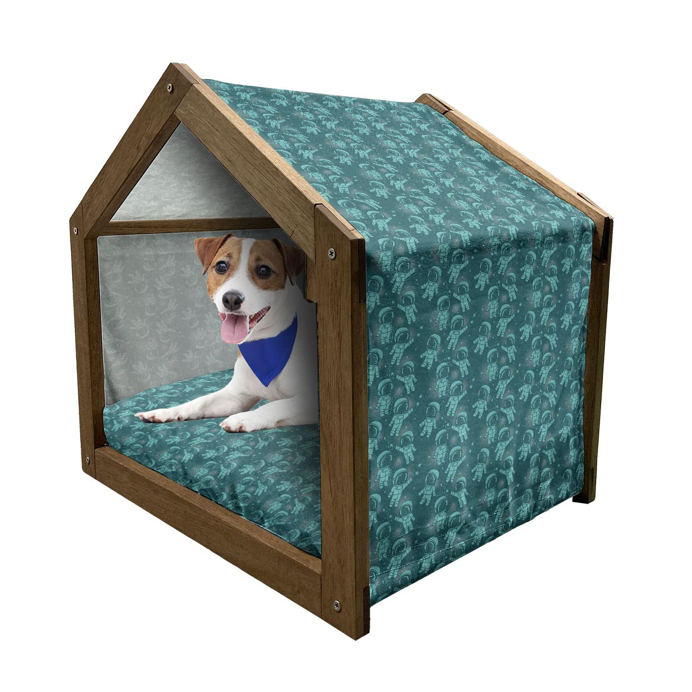Lunarable Astronaut-Themed Wooden Pet House - Fun Cosmonaut Design with Floating Space Adventure Image - Indoor & Outdoor Portable Dog Kennel with Pillow & Cover - Large Size in Dark Teal - Perfect for Space-Loving Pet Owners & Sci-Fi Home Decor