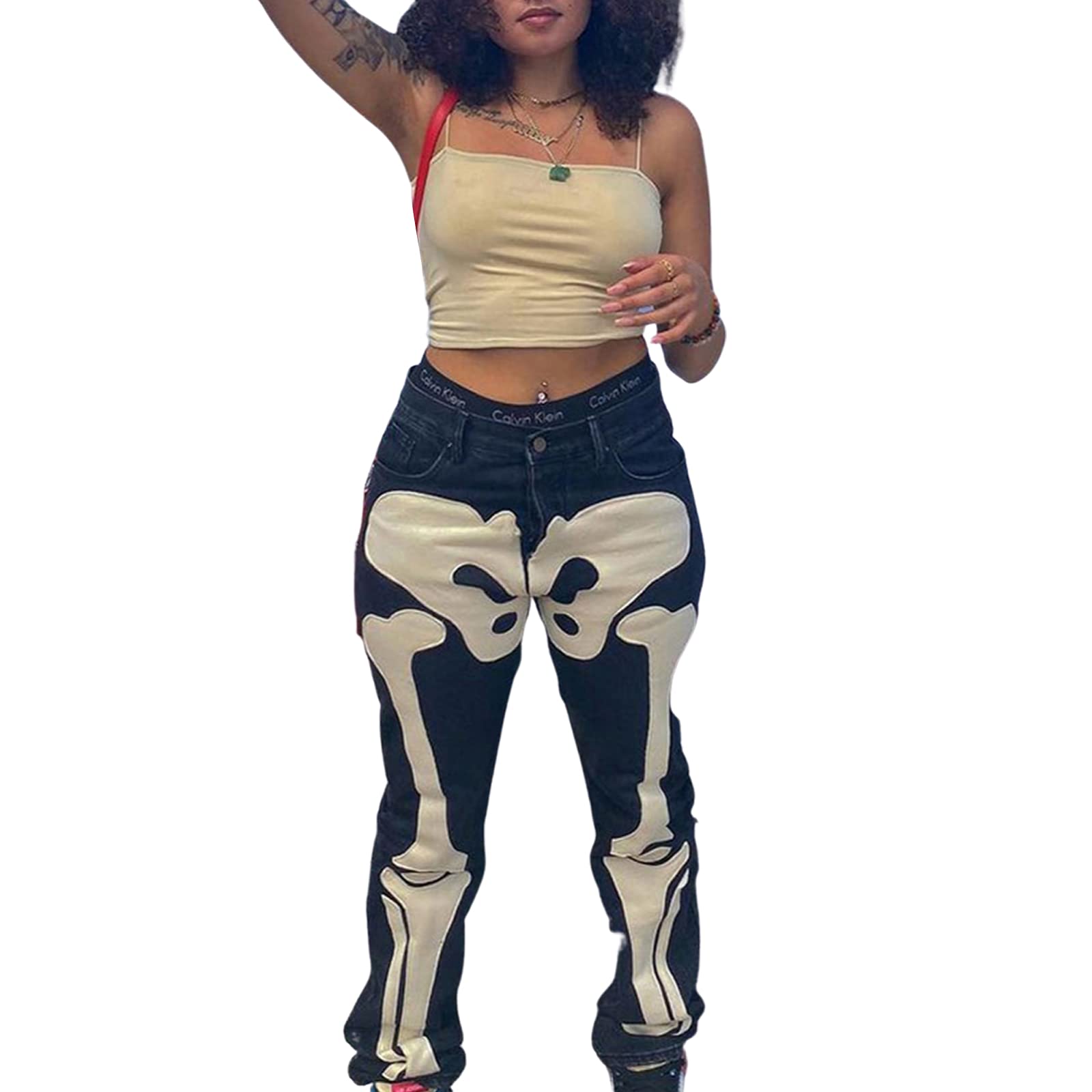 **Ailainniyishi Women's Halloween Skeleton Printed Jeans - Black Mid-Waist Straight Leg Denim Pants | Y2K Streetwear & Lounge Wear for Casual Outfits, Parties, and Festive Occasions**