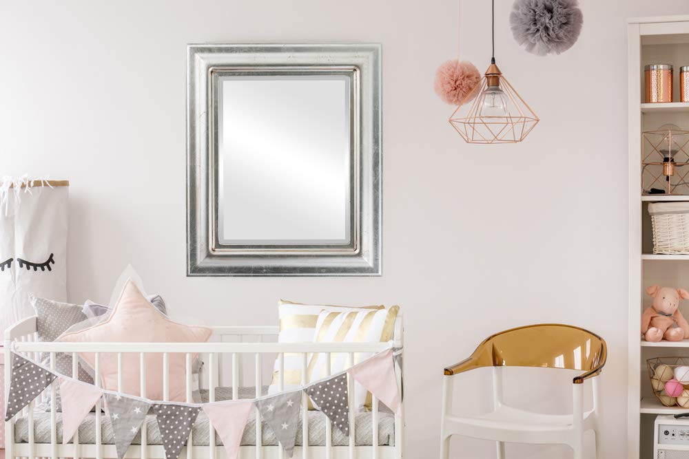 OVALCREST 27x33 Inch Rectangle Beveled Wall Mirror - Lancaster Style Silver Leaf with Brown Antique Finish - Elegant Home Decor Mirror for Living Room, Bedroom & Entryway
