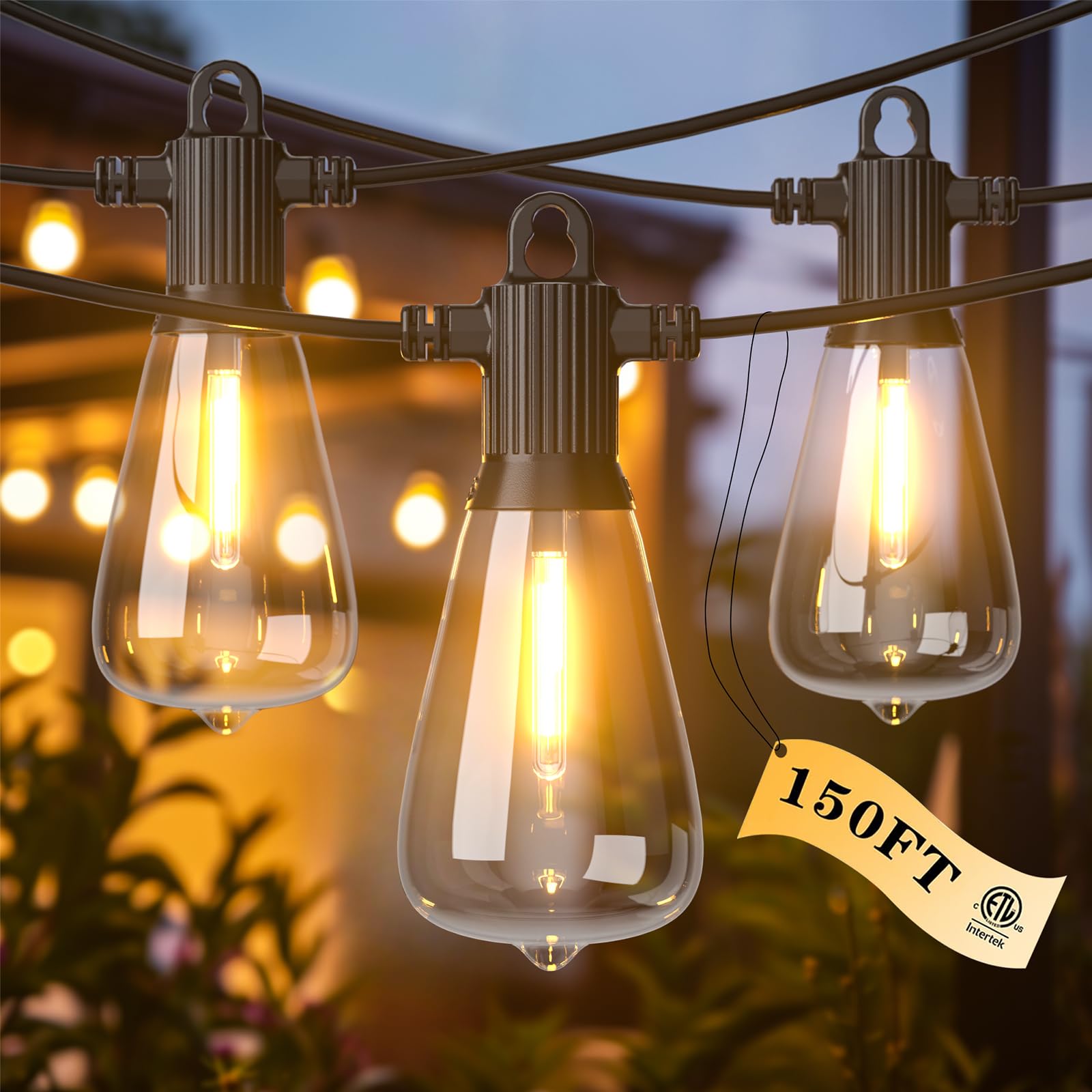 150FT Outdoor LED String Lights - Waterproof Vintage Edison Bulbs for Patio, Porch, Backyard - Commercial Grade Shatterproof ST38 Bulbs (72+3) - Perfect for Bistro, Cafe, Garden & Wedding Decor (75FTx2)