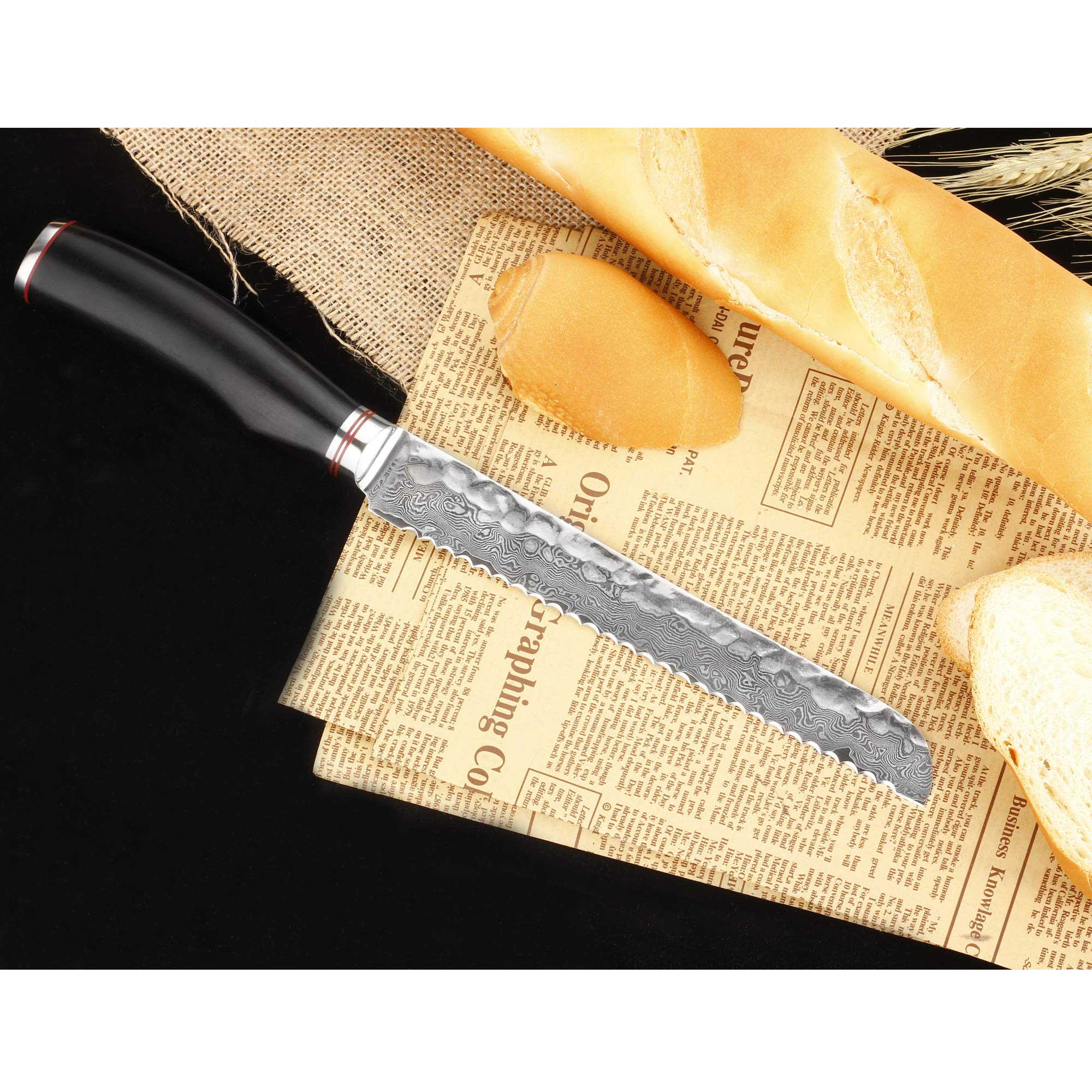 YOUSUNLONG 8-Inch Serrated Bread Knife - Premium Japanese Hammered Damascus Steel - Natural Ebony Wood Handle - Perfect for Slicing Bread, Bagels, Cakes and Deli Meats - Ideal for Home Kitchens, Bakeries and Restaurants
