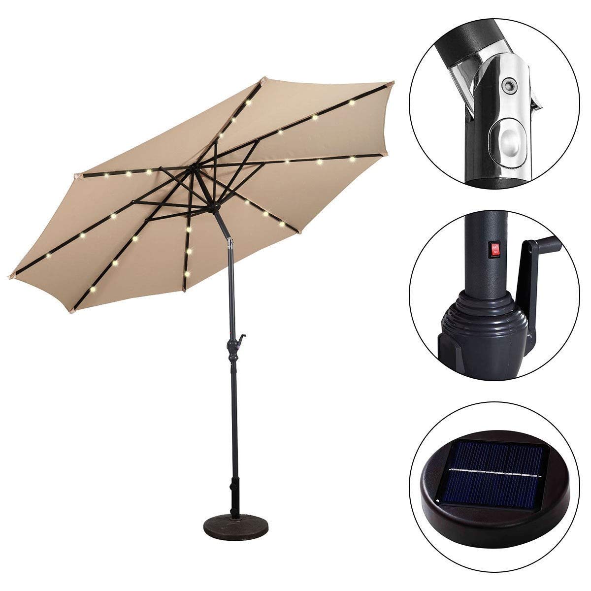 10 ft Solar LED Patio Umbrella with Crank - 8 Ribs Steel Outdoor Market Umbrella with Tilt Function (Beige) for Poolside, Backyard, Garden & Outdoor Dining