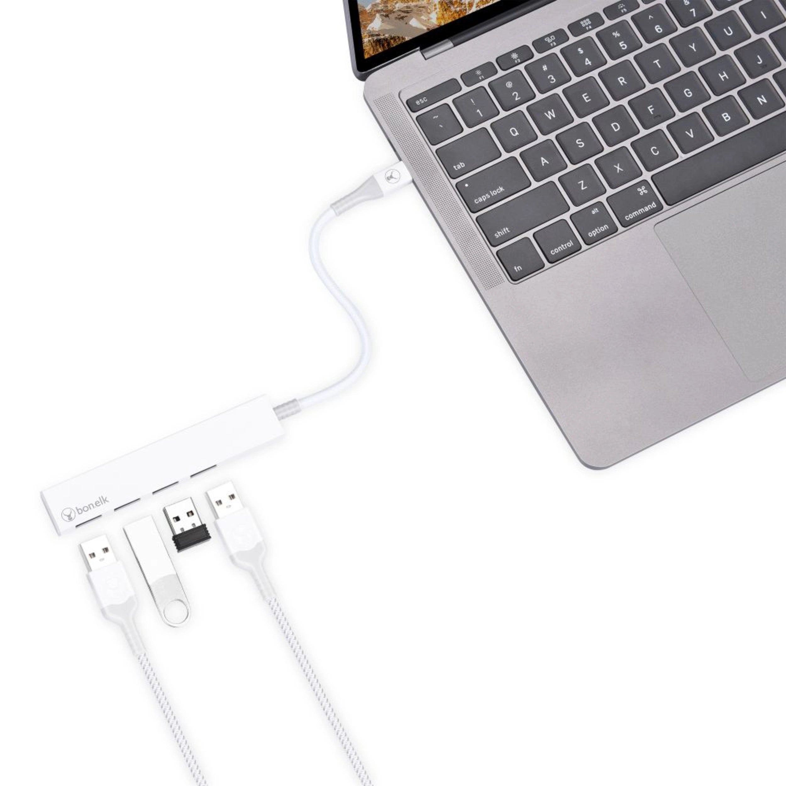 Bonelk 4-Port USB 3.0 Hub with USB-C Connector - Slim & Portable Multi-Port Adapter for Laptop, PC, MacBook - Fast Data Transfer & Charging (White) - Perfect for Home Office, Travel & Workspace Setup