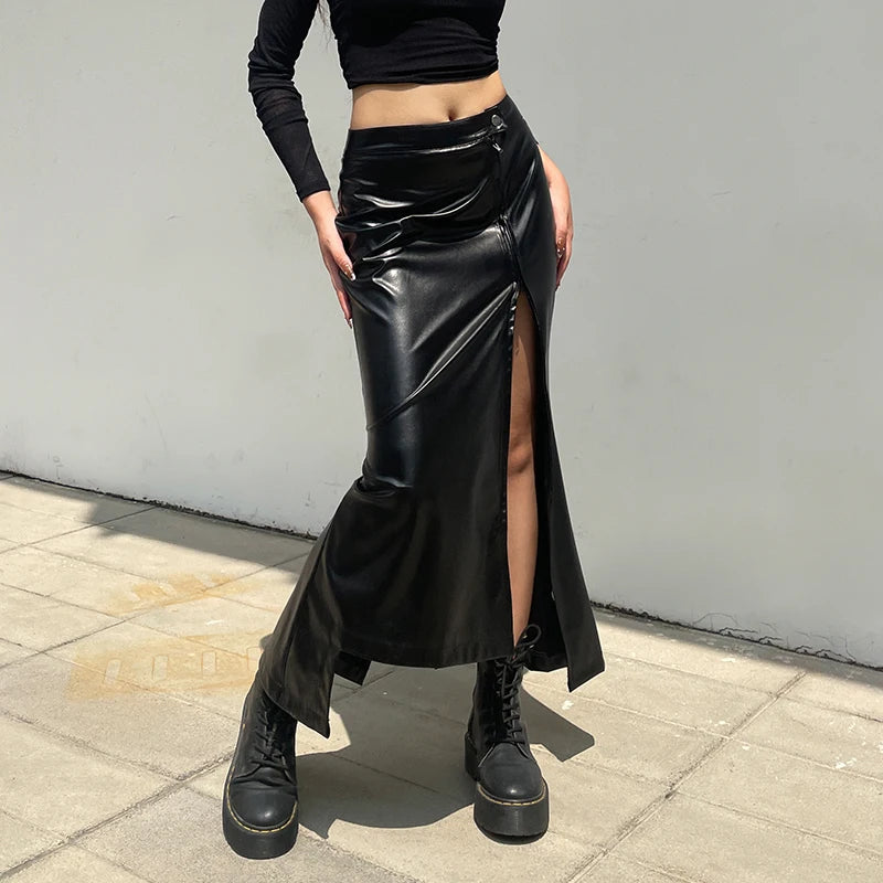 Elegant Black Leather Skirt for Women - Asymmetrical Fold Design with Side Zipper & High Slit, Sexy Long Skirt for Clubwear, Party & Night Out Fashion | Perfect for Evening Events, Date Nights & VIP Parties