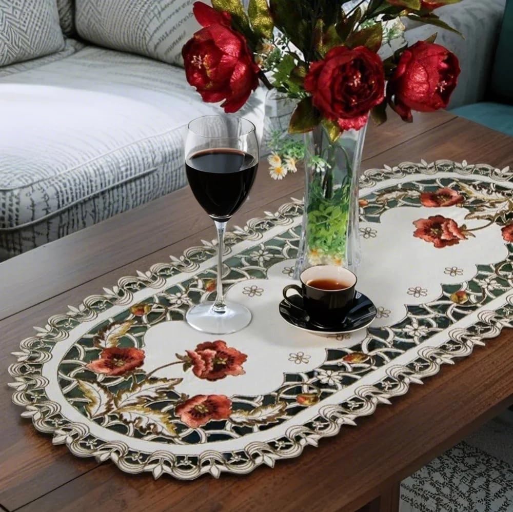 USTIDE Handmade Oval Embroidery Rose Table Doily 15.7x33.6 Inches - Beige Flower Table Cover, Durable & Washable Lace Tablecloth for Coffee Tables, Dining Tables, and Home Decor