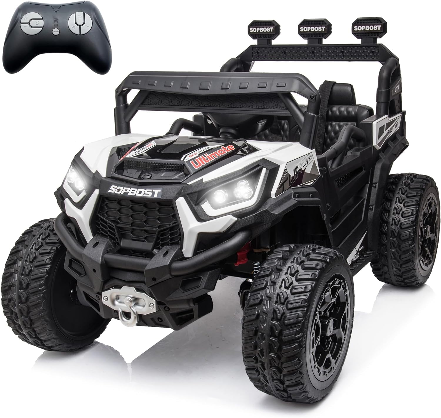 24V 7Ah Battery Powered Ride On Car with Remote Control - 4x4 Electric UTV for Big Kids | EVA Tires, Music Player, White | Perfect for Outdoor Play, Backyard Adventures & Birthday Gifts