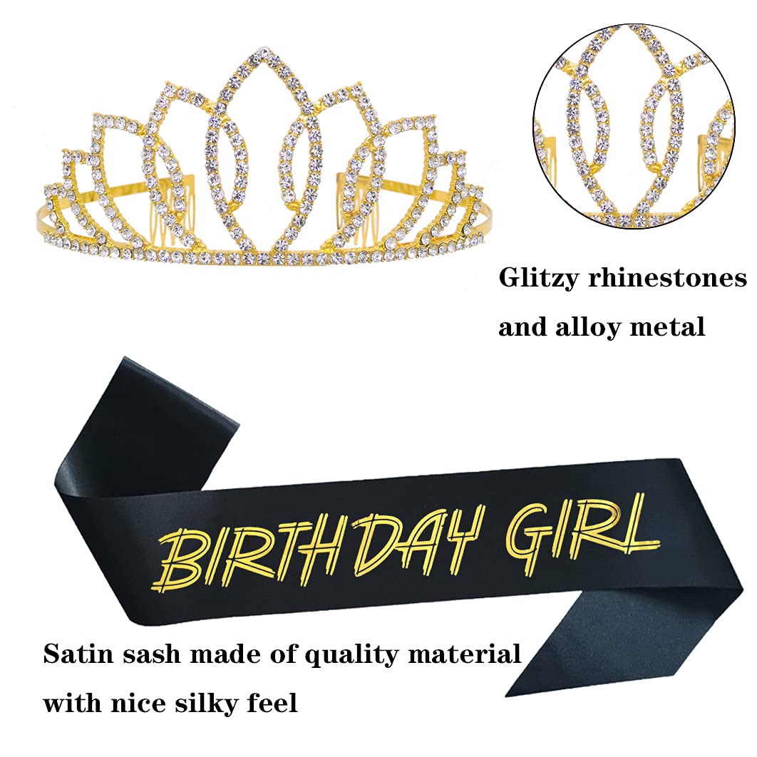 Elegant Black Birthday Girl Sash & Gold Tiara Crown Set - Women's Birthday Party Supplies for Sister, Friend | Perfect for Birthday Celebrations, Bachelorette Parties & Special Occasions