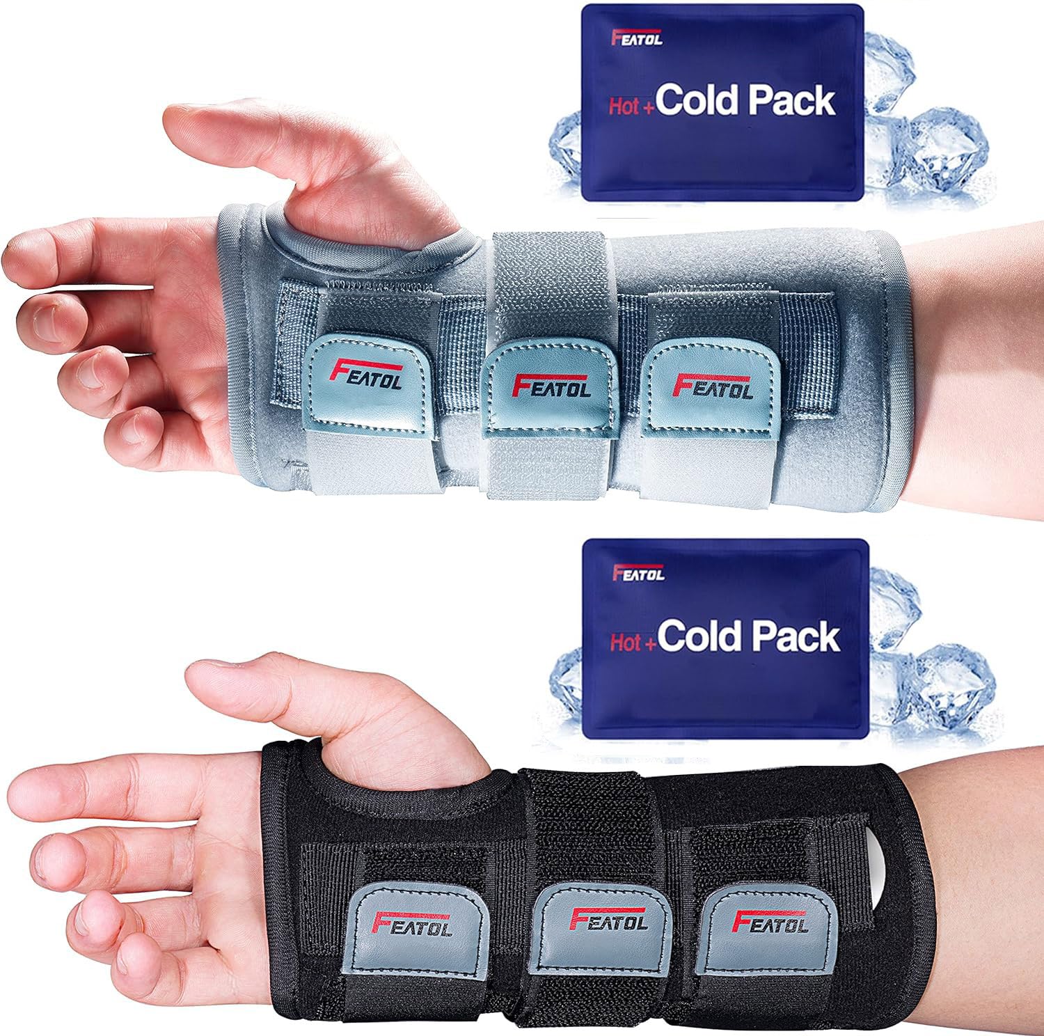 FEATOL Wrist Brace with Ice Pack - Gray & Black Adjustable Support for Carpal Tunnel, Arthritis & Injury Relief - Perfect for Typing, Gaming & Sports Recovery