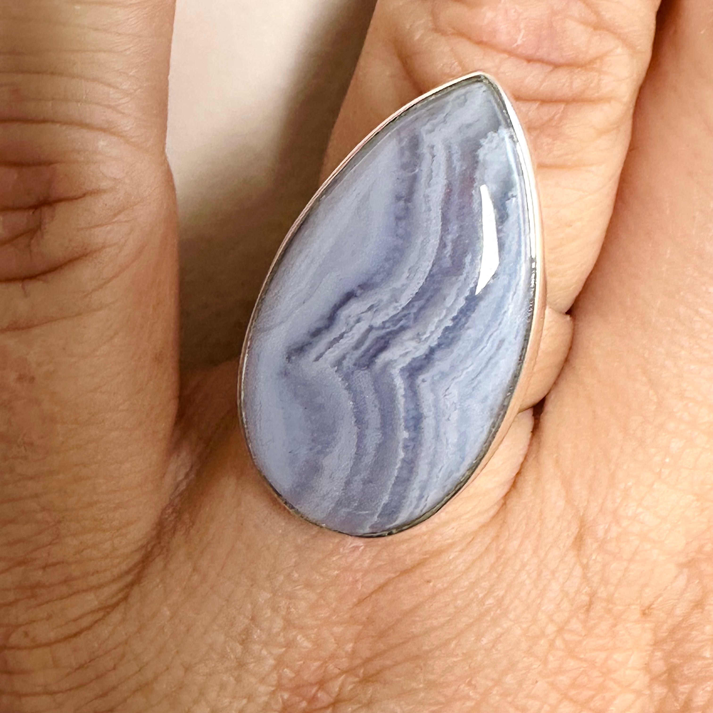Blue Lace Agate Teardrop Cabochon Ring - Size 7 - Handmade Sterling Silver Jewelry - Perfect for Boho Fashion & Gift Giving