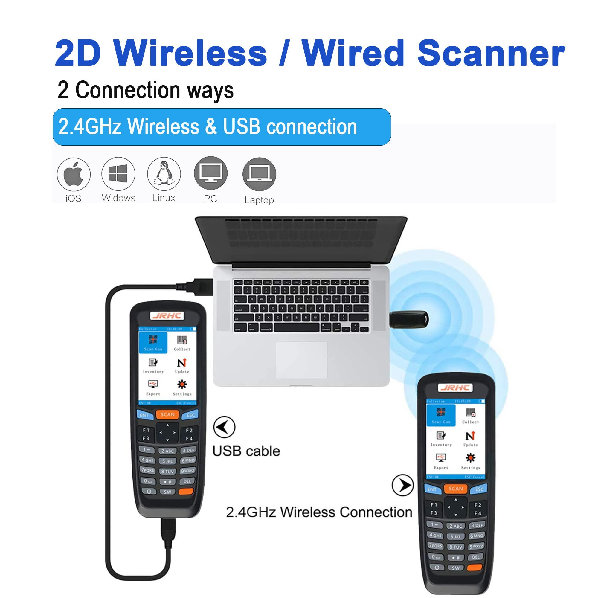 2.4G Wireless Barcode Scanner - JRHC Portable 2D Inventory Scanner with 2.8