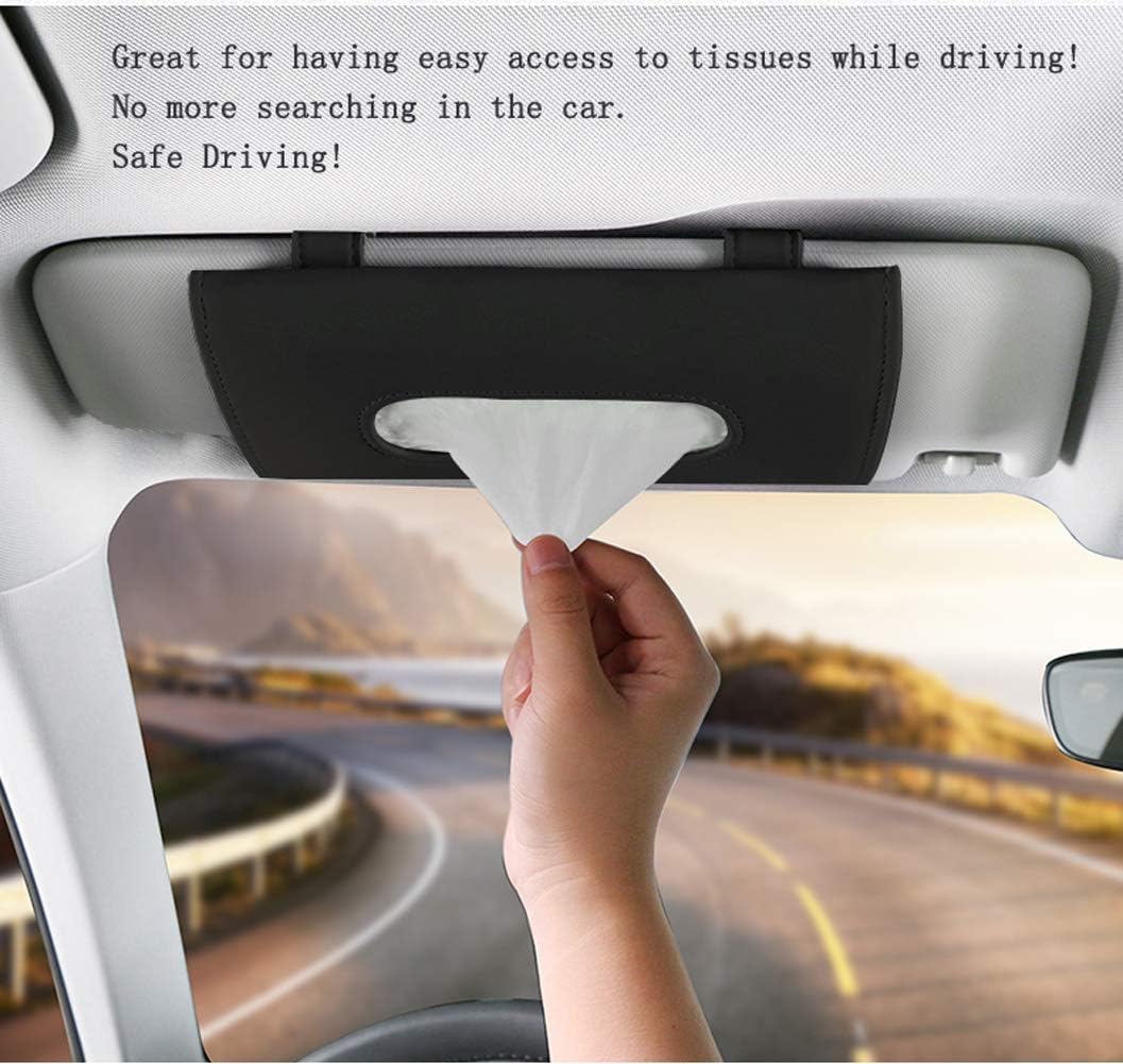 Black PU Leather Car Sun Visor Tissue Box Holder - Hanging Napkin & Mask Organizer for Vehicles | Perfect Car Accessory Gift Idea | Keep Tissues Handy While Driving