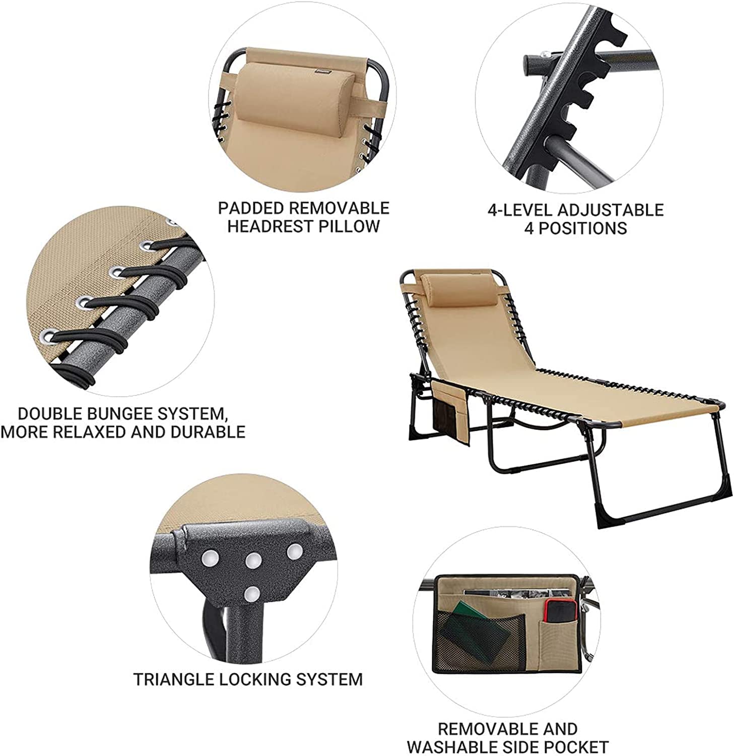 KingCamp Adjustable Folding Lounge Chair - Heavy Duty Portable Chaise Lounge for Pool, Beach, Patio, Lawn & Camping - Lay Flat Recliner with Pillow - Perfect for Sunbathing, Relaxing & Outdoor Leisure Activities