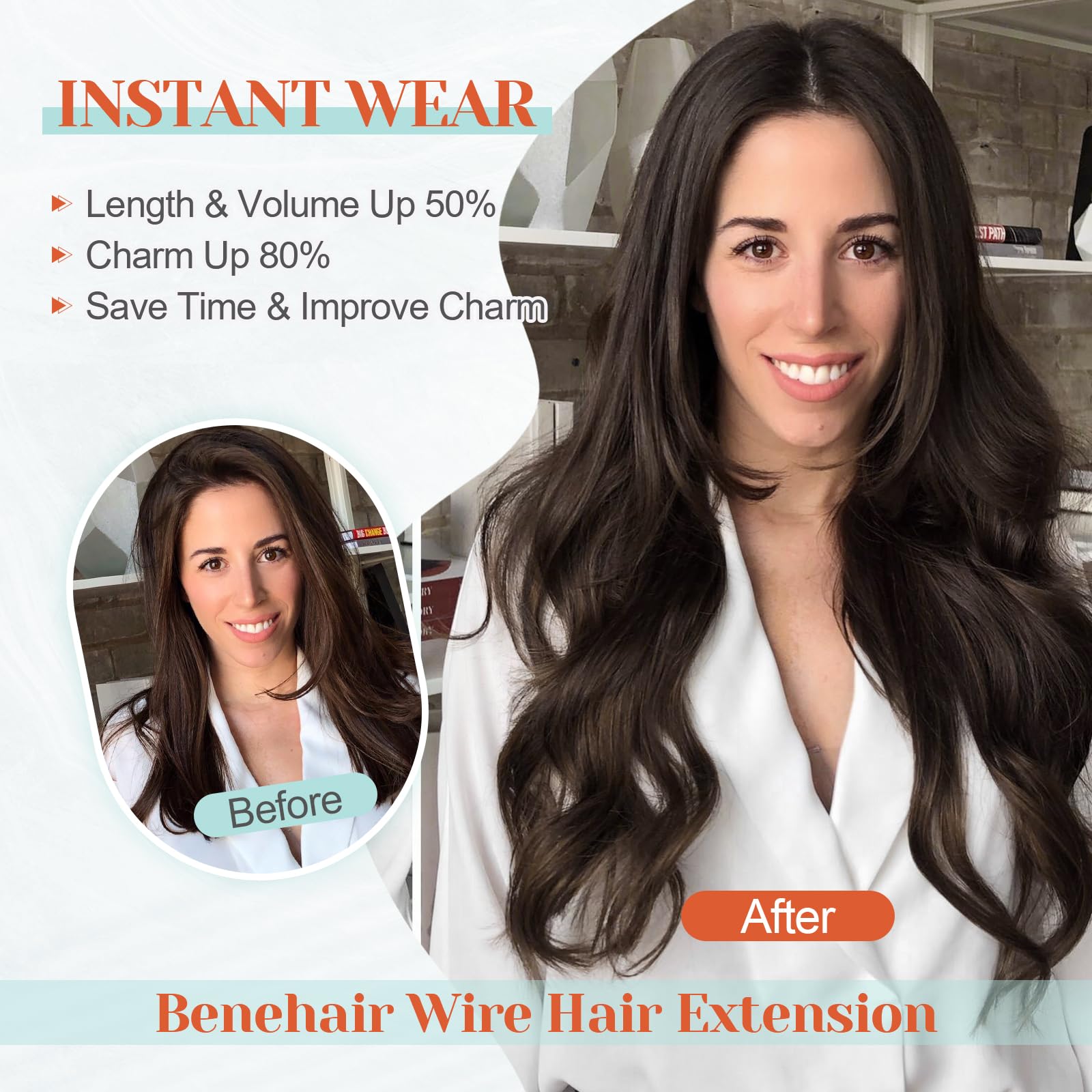 Benehair 100% Real Human Hair Halo Extensions - 18 Inch Dark Brown Wavy & Curly Wire Hair Extensions (65g) | Perfect for Weddings, Parties & Daily Styling