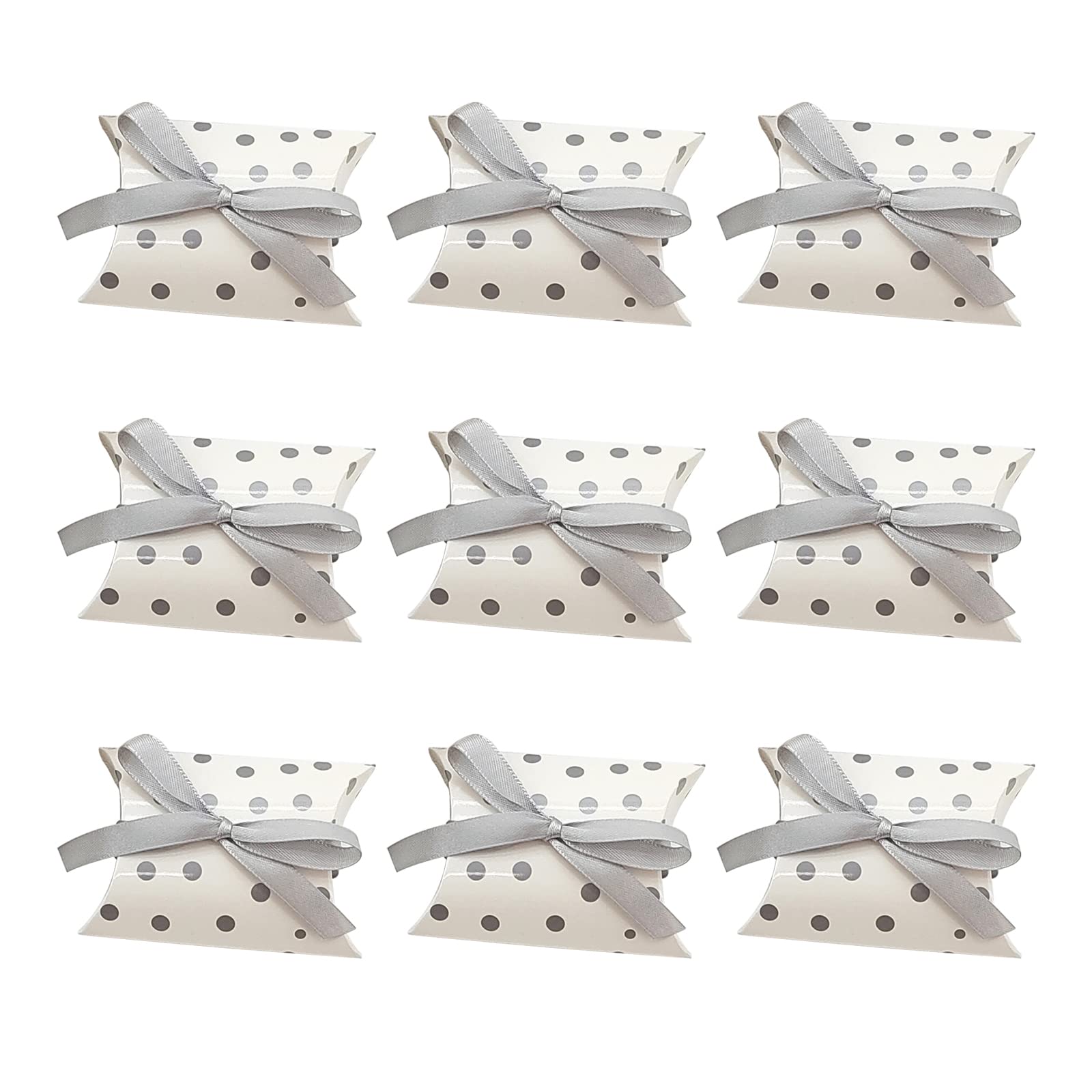 Zontween 50 Pack Kraft Dot Pillow Gift Boxes with Silver Ribbon for Wedding Favors & Birthday Gifts