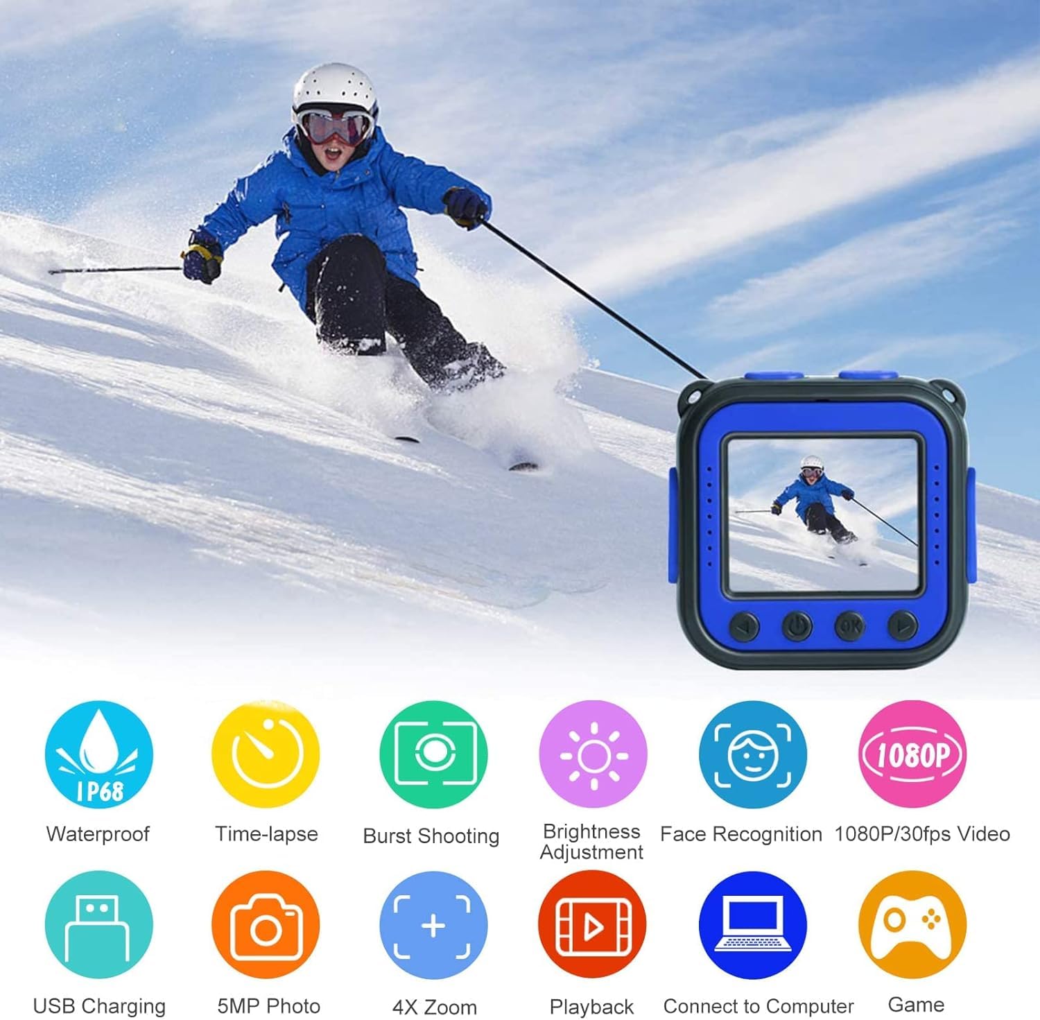 PROGRACE Kids Waterproof Digital Camera - 1080P HD Action Video Camera for Children, Durable Underwater Camera for Boys & Girls - Perfect Birthday, Christmas & New Year Gift (Blue) - Great for Swimming, Beach Trips & Outdoor Adventures