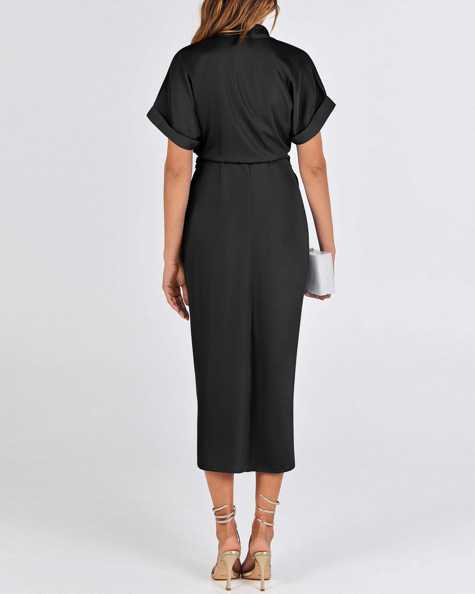 BTFBM 2025 Women's Elegant Ruched Button Down Shirt Dress - Short Sleeve Lapel V-Neck Satin Maxi Dress for Spring Summer Parties, Weddings, Cocktail Events & Office Wear