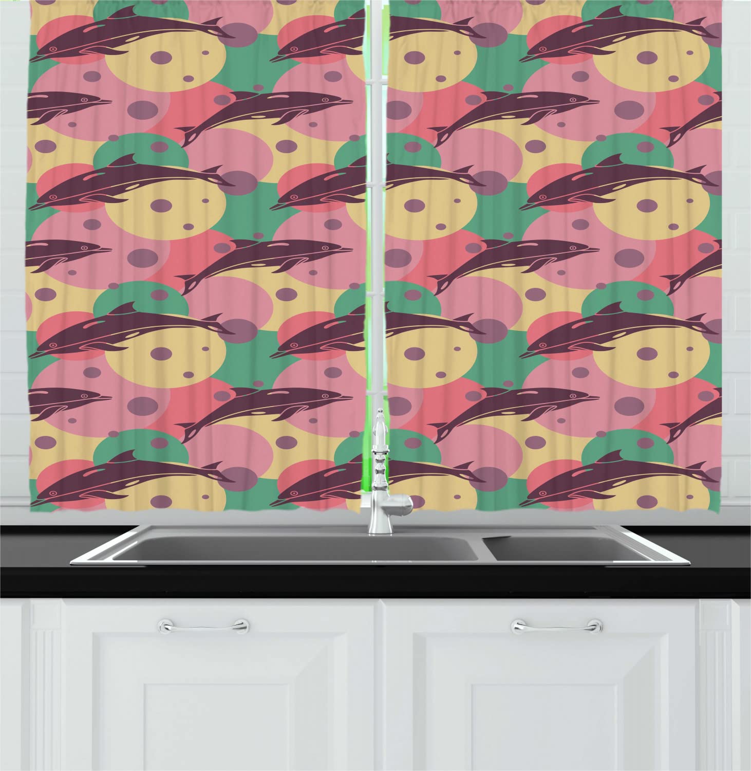 Ambesonne Aquatic Long Kitchen Curtains with Dolphins Underwater Bubbles - Colorful Ocean Sea Illustration Drapes - 2 Panel Rod Pocket Window Treatment 55