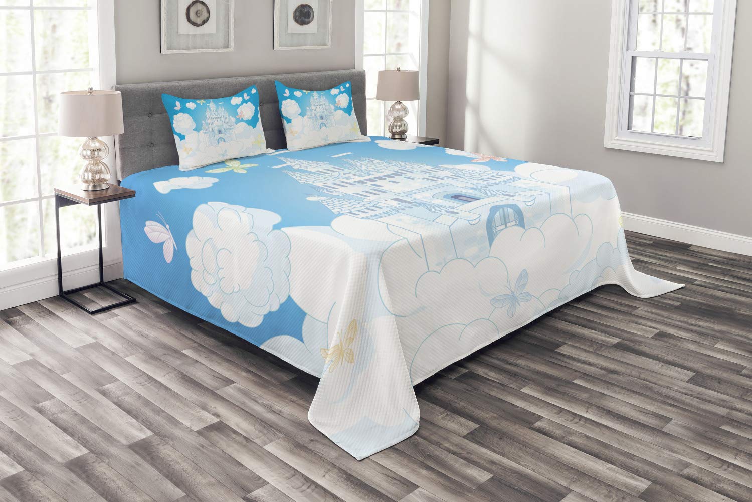 Ambesonne Tale King Size Bedspread Set - 3 Piece Decorative Bedding with Castle, Clouds & Butterflies Print, Includes Coverlet & 2 Pillow Shams in White & Sky Blue - Perfect for Fairy Tale Themed Bedrooms, Guest Rooms & Cozy Home Decor
