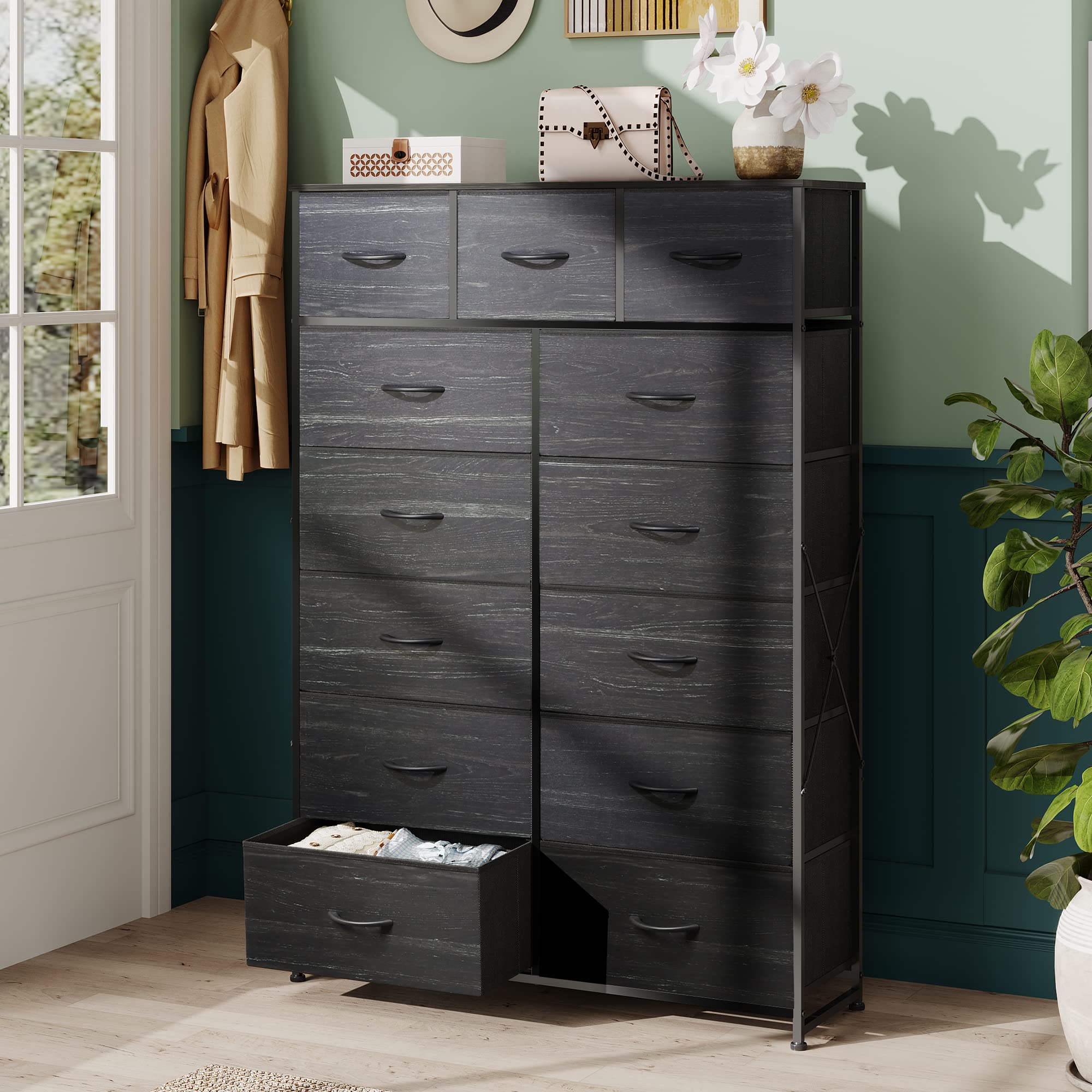 WLIVE 13-Drawer Tall Dresser for Bedroom - Fabric Storage Organizer with Steel Frame & Wood Top - Charcoal Black Wood Grain Print - Perfect for Bedroom, Closet, or Nursery Organization