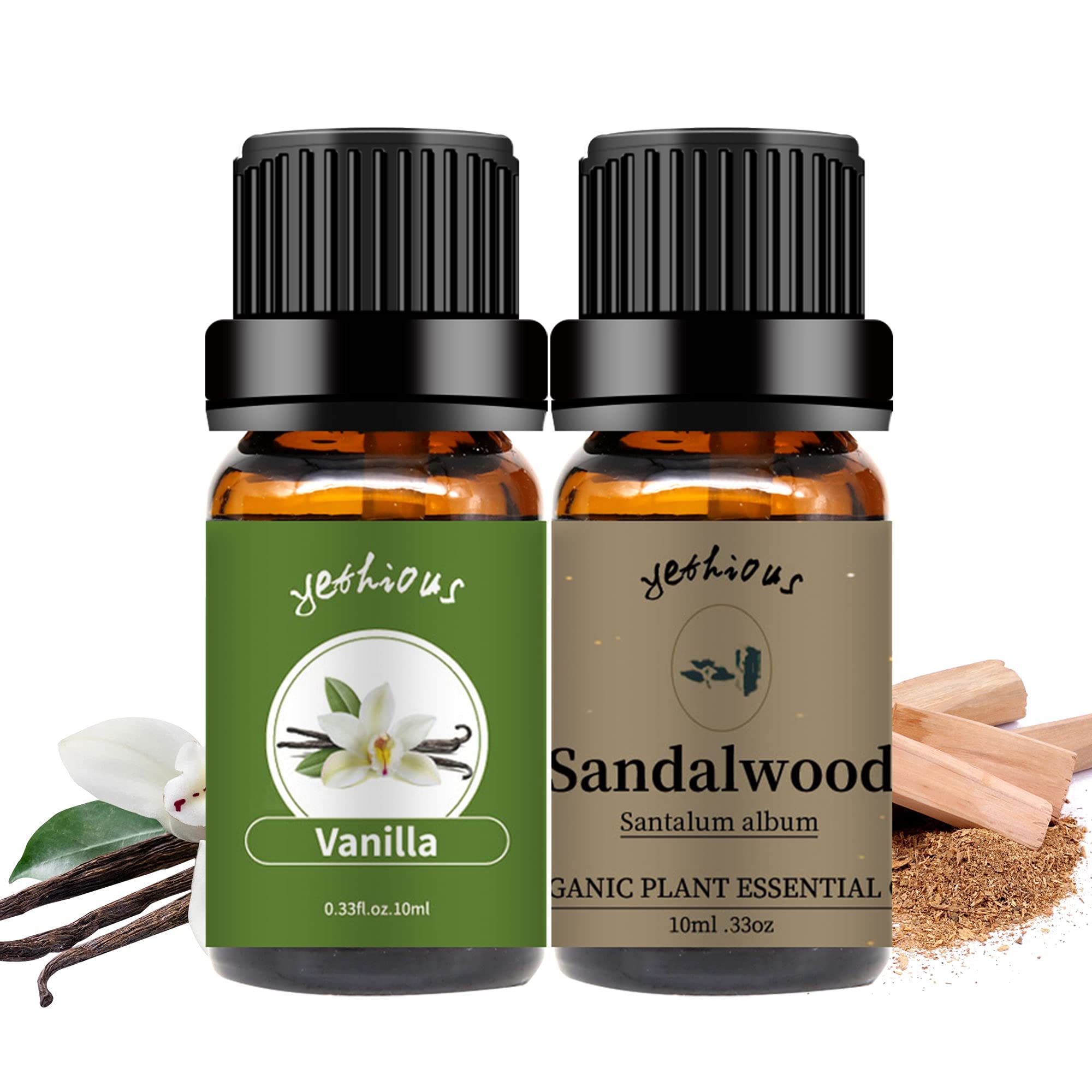 Yethious Pure Natural Organic Vanilla Sandalwood Essential Oils Set - 2PCS 10ML for Diffuser, Aromatherapy, Massage & Relaxation at Home or Spa