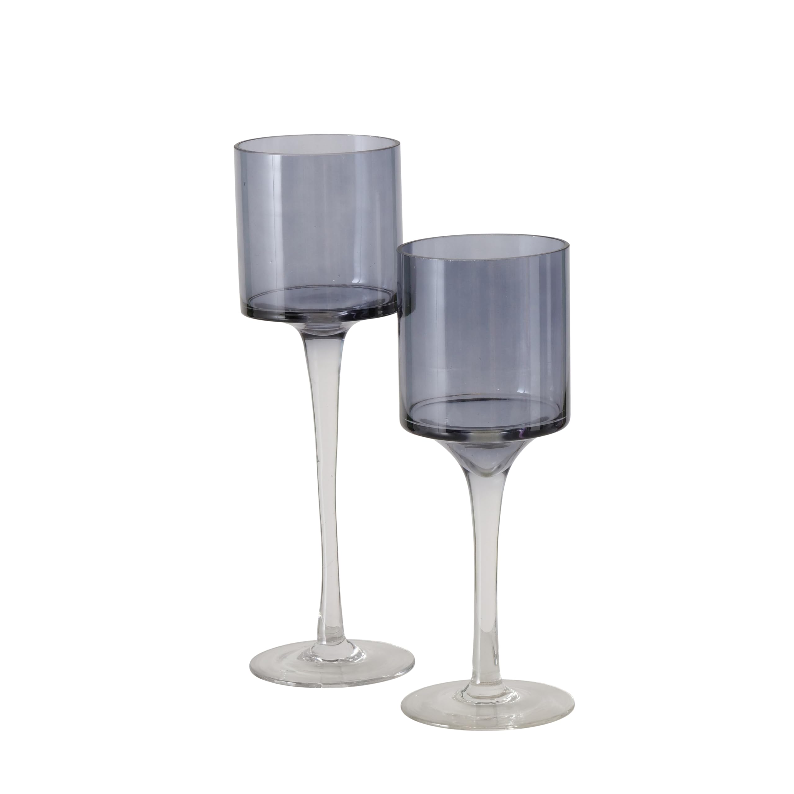 Elegant Glass Goblet Candle Holders Set of 2 - Grey Cups with Clear Stems, 9.75 & 11.75 Inch Lacquered Glass Votive & Tealight Candle Holders for Wedding Centerpieces, Romantic Dinner Decor, and Home Ambiance Lighting