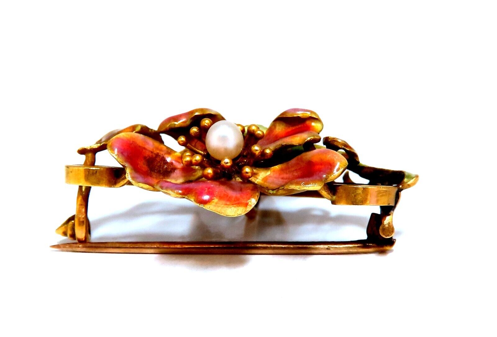 Vintage Enamel Flower Brooch with Seed Pearls - 18K Gold Plated Elegant Pin for Women, Perfect for Weddings, Parties & Special Occasions