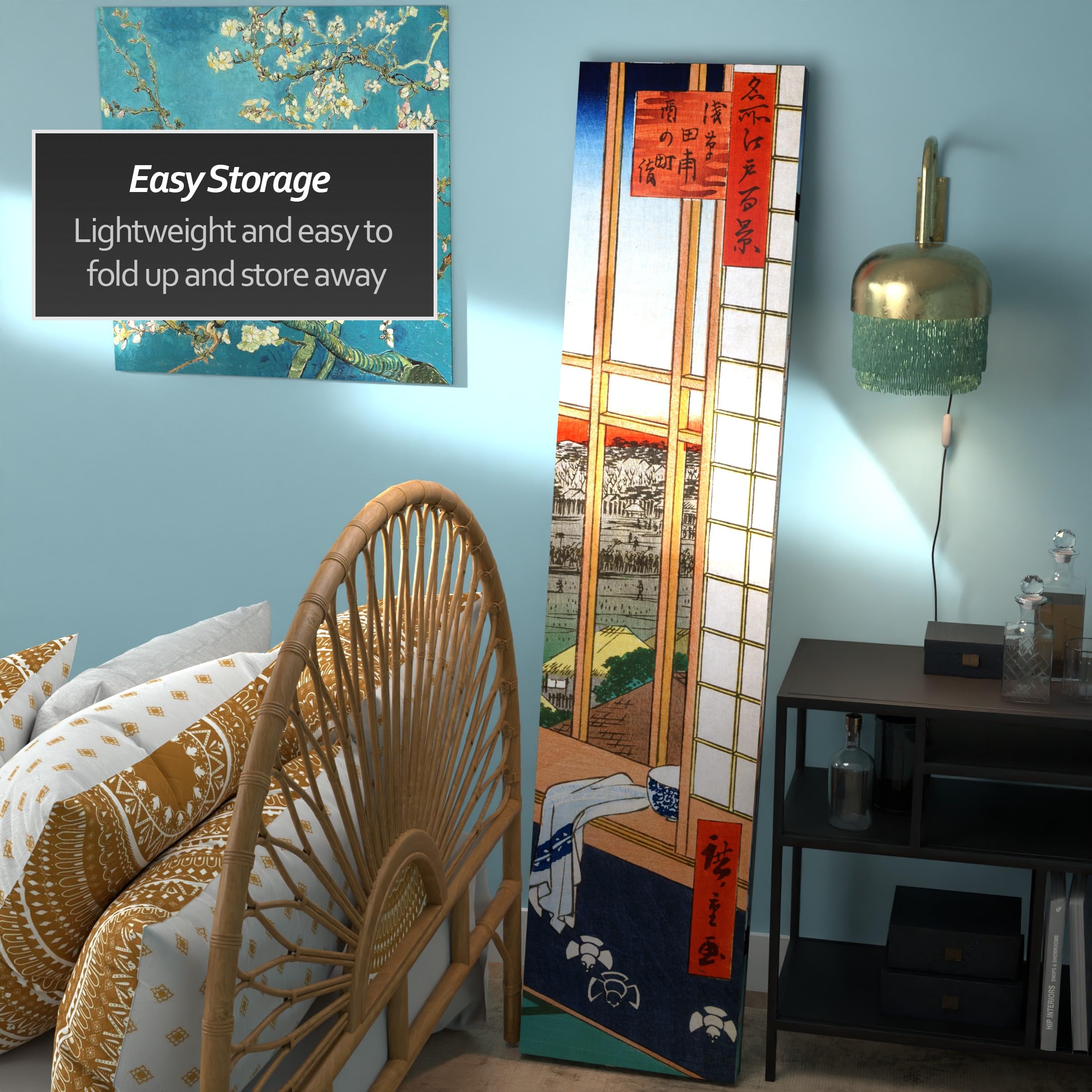 6 ft. Tall Double-Sided Hiroshige Asakusa Rice Field & Otsuki Plain Folding Room Divider - 3 Panel Japanese Shoji Screen (71 Inches High) for Home Decor, Office Partition, and Asian-Themed Event Backdrop