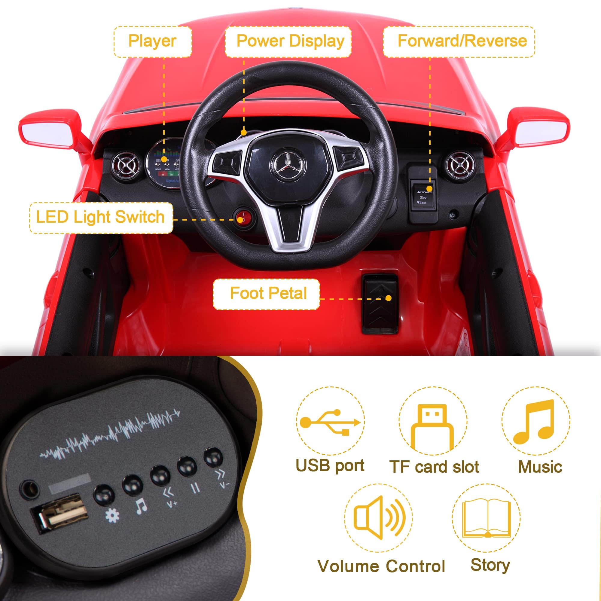 TOBBI Licensed Mercedes Benz Ride On Car for Kids - 2.4G Remote Control, Dual Opening Doors, 5-Point Safety Harness & LED Lights - Perfect for Indoor Playrooms and Outdoor Driveways