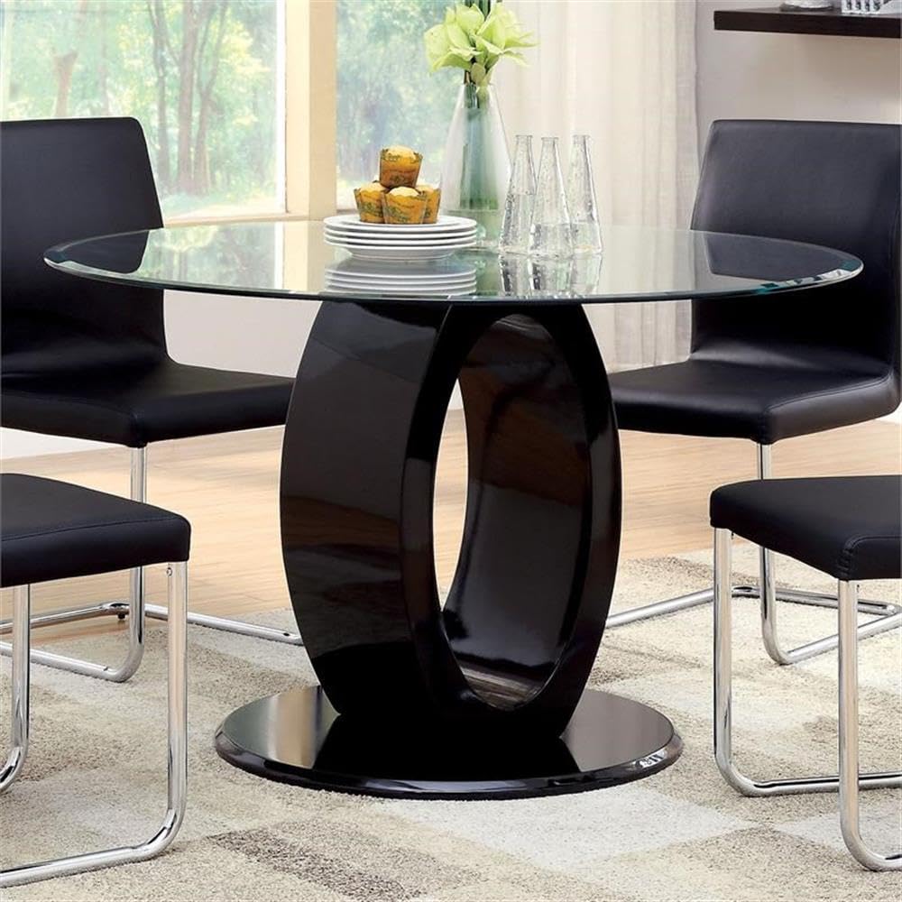 Furniture of America Moya Round Black Tempered Glass Dining Table - Modern Kitchen & Dining Room Decor for Small Spaces