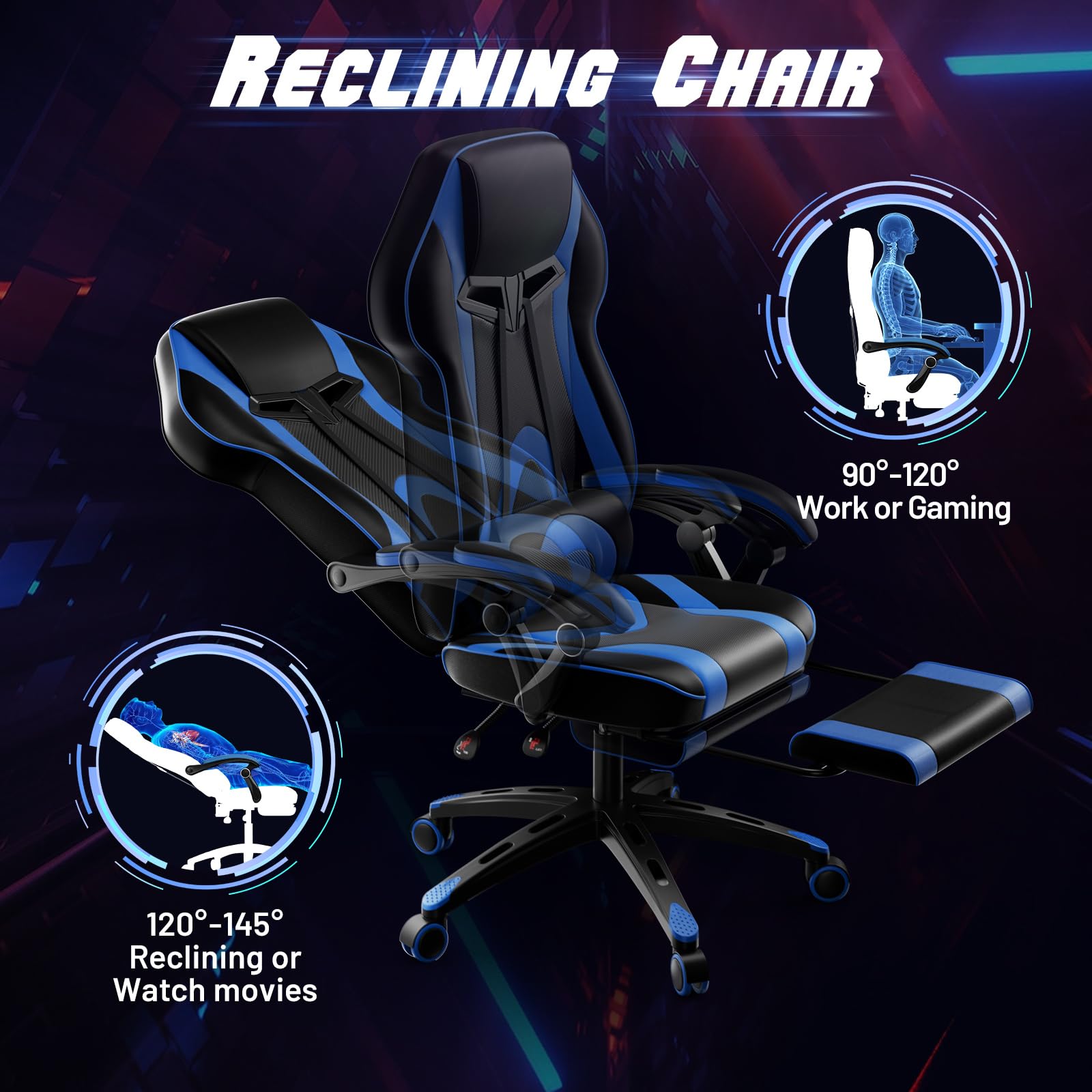 POWERSTONE Ergonomic Gaming Chair - High Back Racing Style Office Computer Chair with Adjustable Footrest & Reclining Function, Swivel Video Game Chair for Adults & Teens (Blue) - Perfect for Esports, Streaming & Home Office Workspace