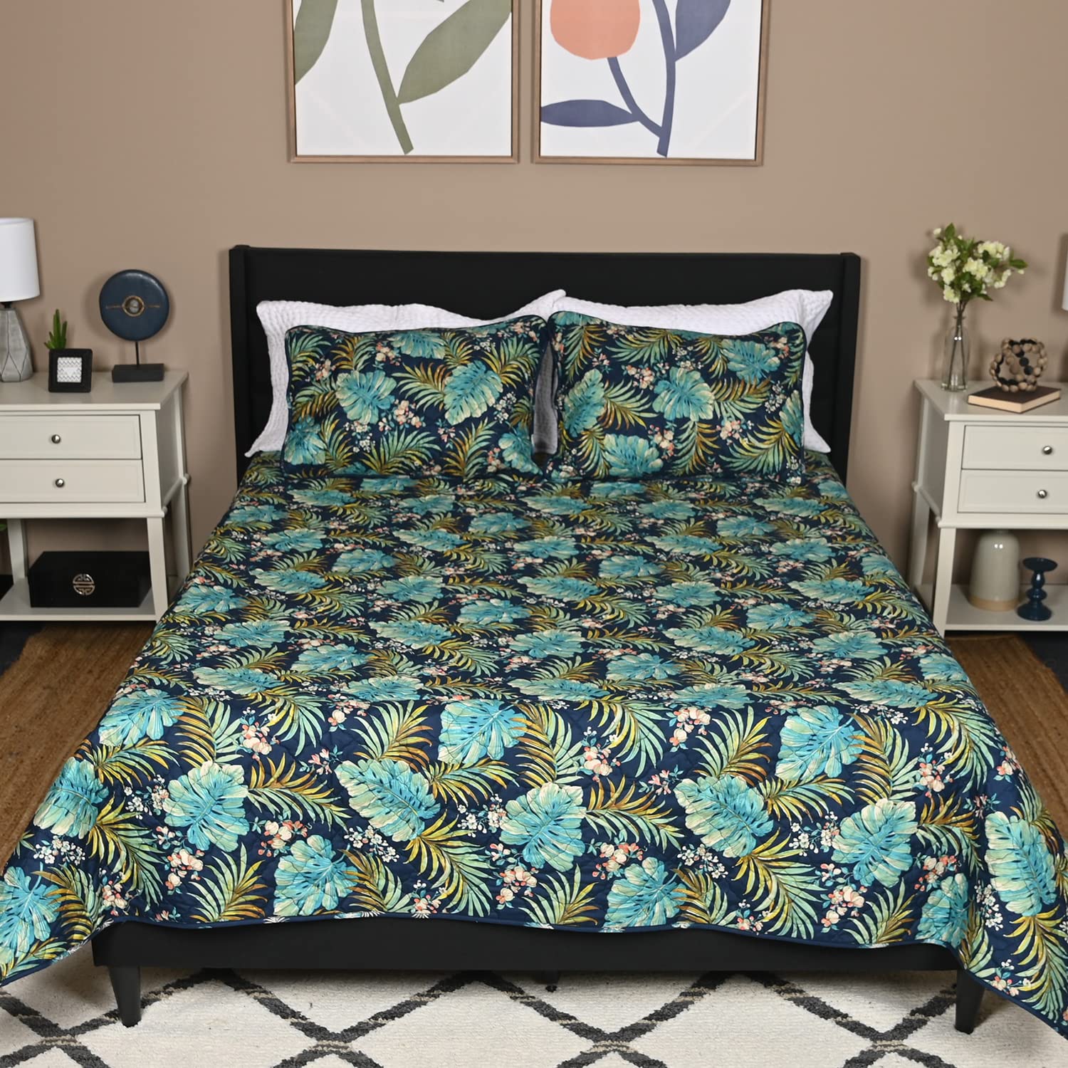 Shop LC Seaside Villa Navy Green Leaf Blue 3-Piece Quilt Set - Soft & Cozy Queen Size Bedding with 1 Quilt & 2 Shams | Perfect for Coastal, Farmhouse or Bohemian Bedroom Decor
