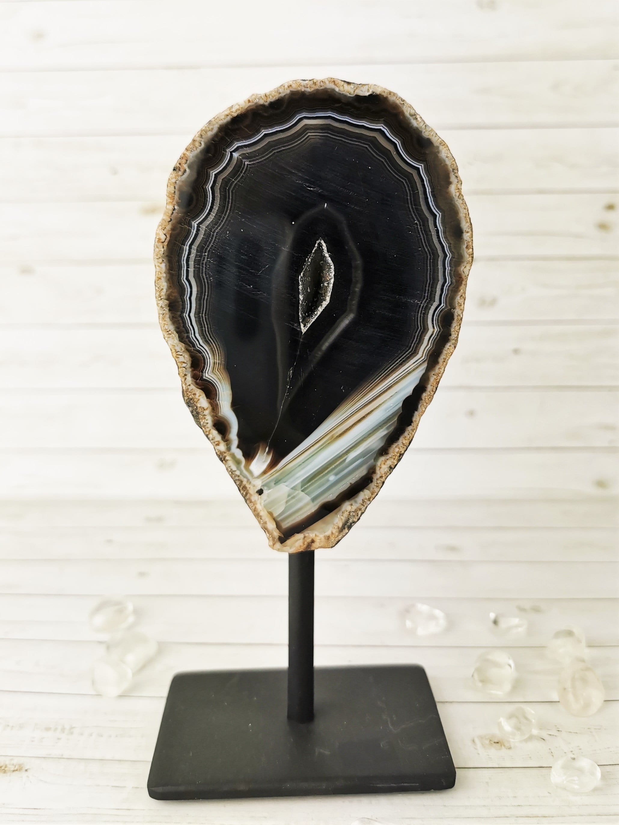 Natural Agate Crystal Specimens on Wooden Display Stands - Perfect for Home Decor, Office Feng Shui, and Mineral Collection Showcase