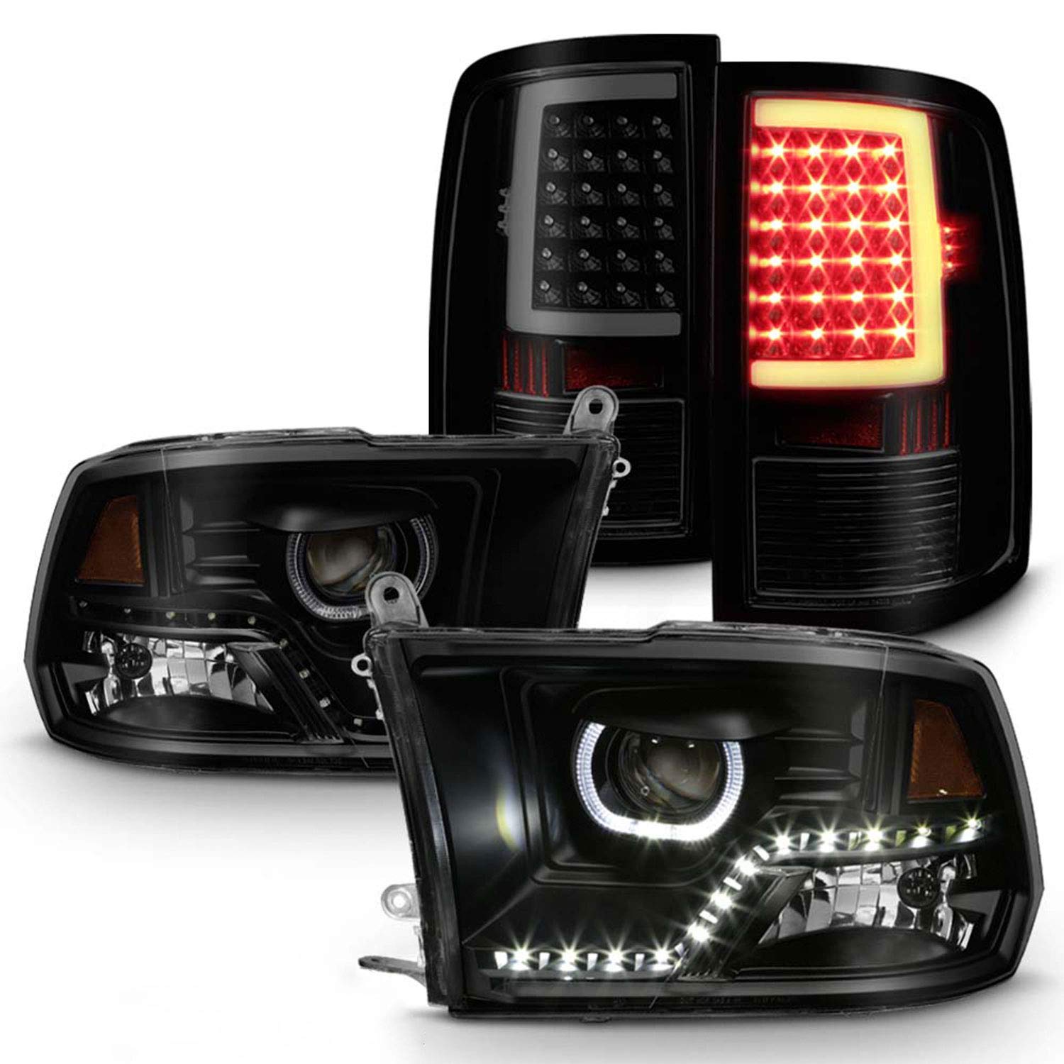 AKKON LED Headlights & Tail Lights for 2009-2018 Ram 1500/2500/3500 - Black Smoke Halo Projector Headlamps with C-Tube LED Brake Lamps - Upgrade Your Truck's Style & Visibility for Night Driving & Off-Road Adventures