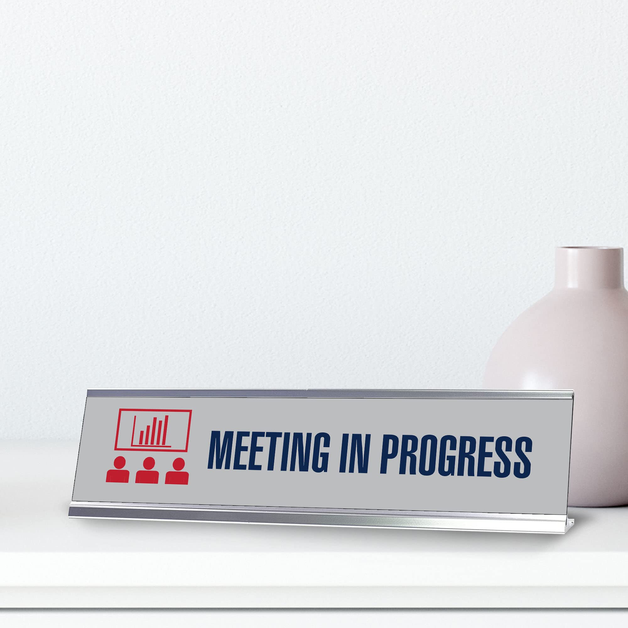 Professional Meeting in Progress Sign - Silver Frame Desk Sign (2x8) - Perfect for Office Meetings, Conference Rooms & Privacy Notifications