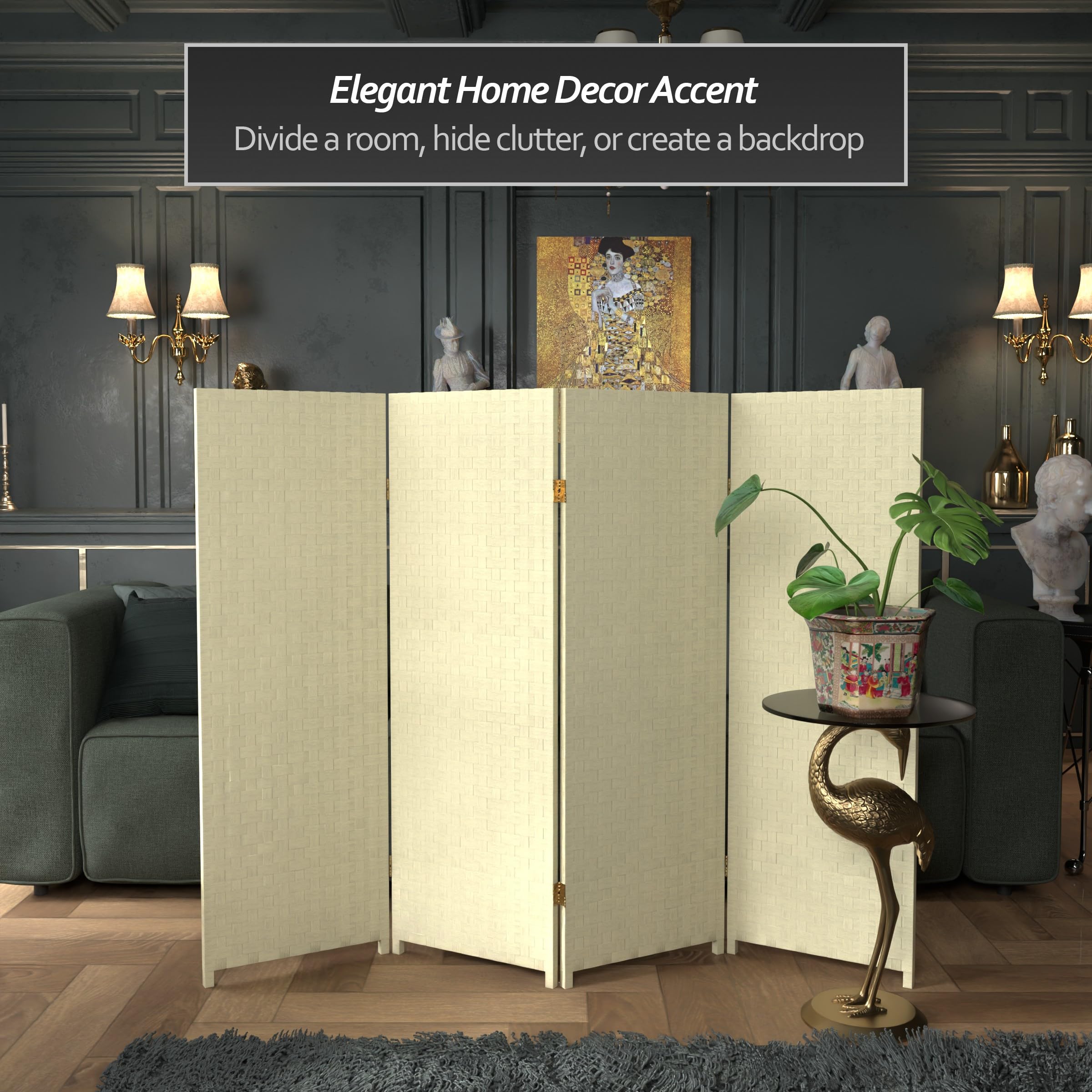 4 ft. Short Woven Fiber Folding Room Divider Screen - Cream - 4 Panel Privacy Partition for Home, Office & Studio Decor