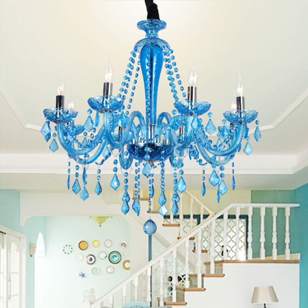 LITFAD 6-Light Rustic Crystal Chandelier - Clear Blue Tapered Candle Pendant Light with 12