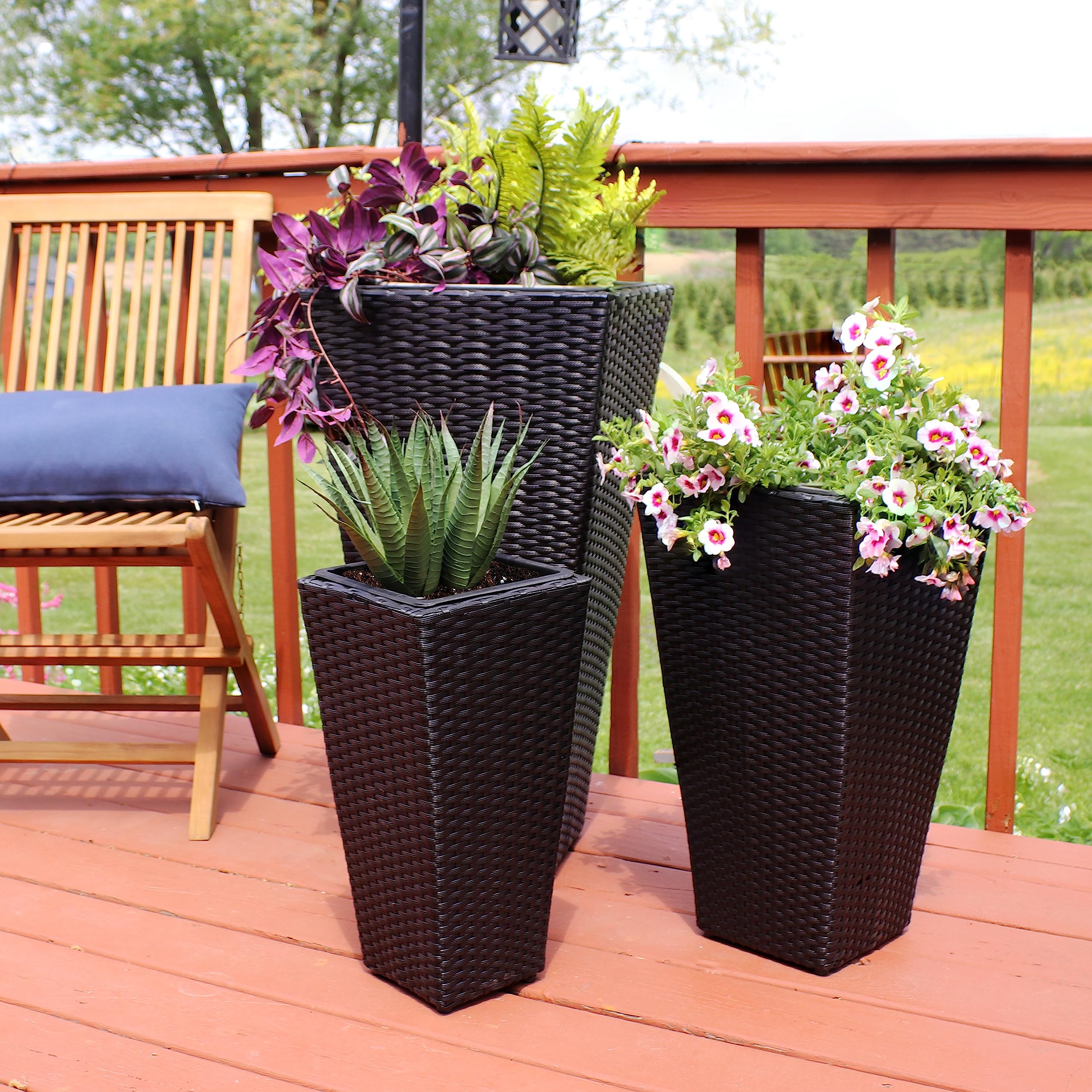 Black Polyrattan Planters with Handles - 3-Piece Set of 9
