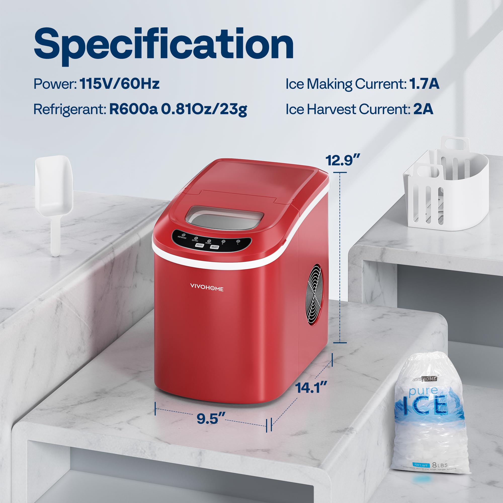 VIVOHOME Portable Countertop Ice Maker Machine - 26lbs/Day, 9 Ice Cubes in 6 Minutes, Self-Cleaning with Hand Scoop (Red) - Perfect for Home, Office, RV, and Parties