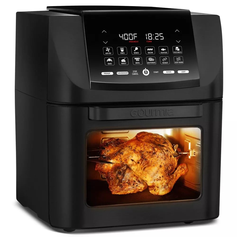Gourmia 14-Quart Digital Air Fryer Oven - Multi-Function Kitchen Appliance with Rotisserie, Dehydrator & Deep Fryer Features | Guided Cooking & 12 Presets | Perfect for Healthy Frying, Baking, Roasting & Meal Prep