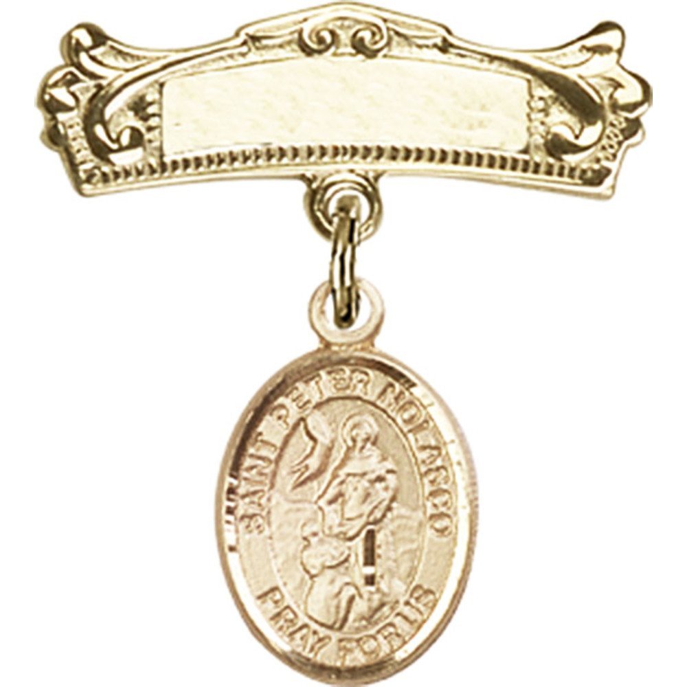Gold Filled Baby Badge with St. Peter Nolasco Charm - 7/8 X 3/4 Inch Arched Polished Pin for Christening, Baptism & First Communion Gifts - Religious Jewelry for Newborns & Infants