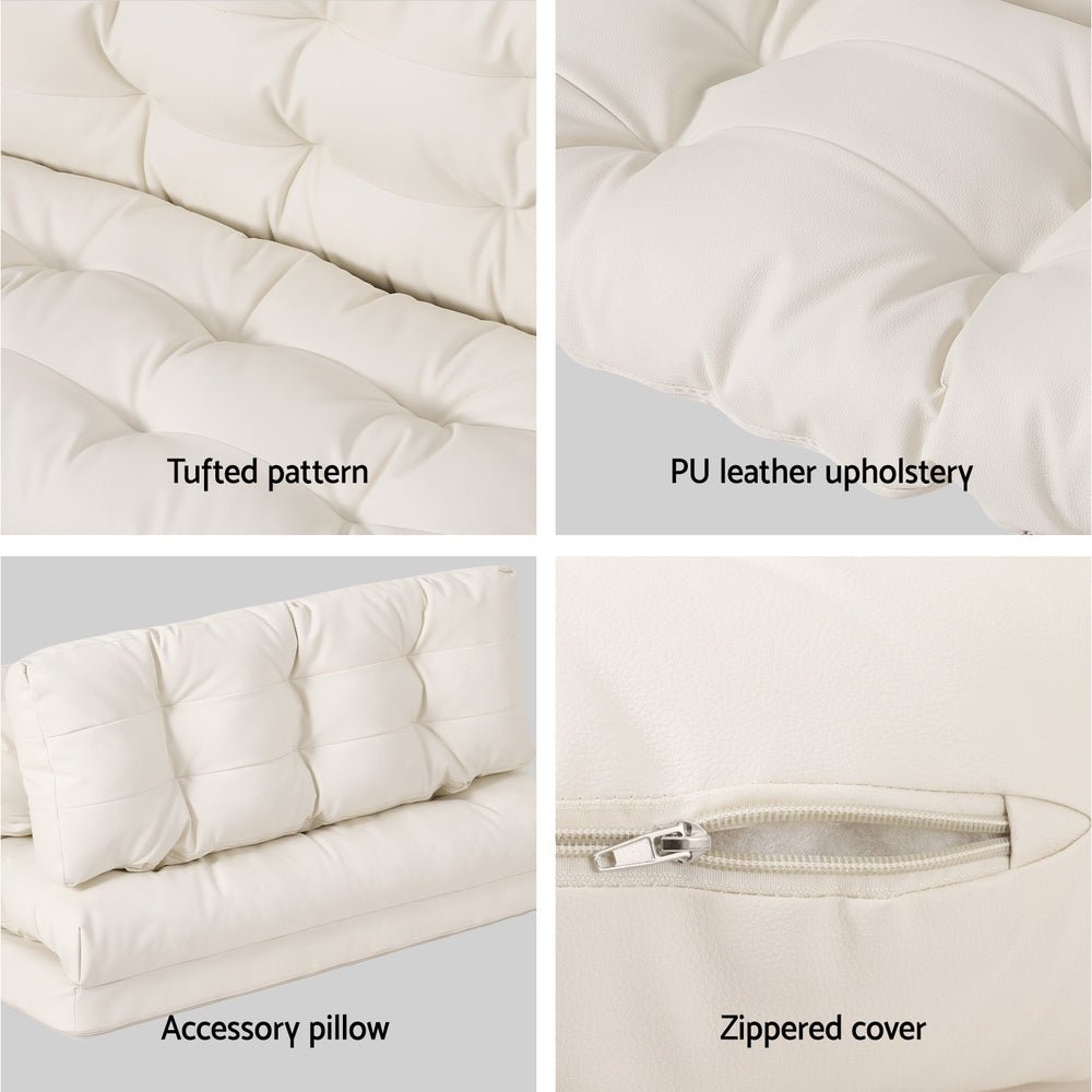 2-Seater Leather Floor Lounge Sofa Bed with Pillows - White - Perfect for Small Spaces, Guest Rooms & Cozy Living Areas