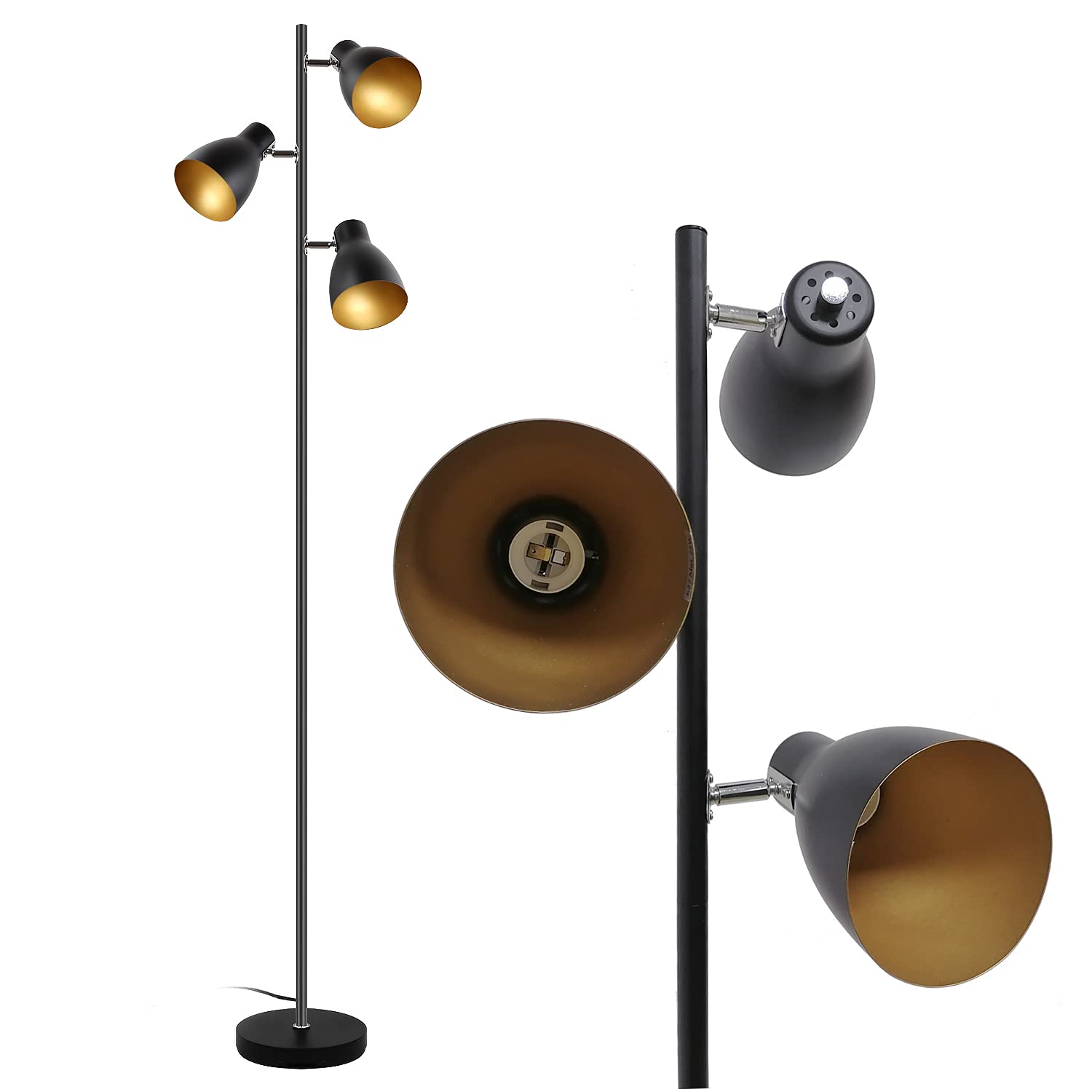 Adjustable Retro Industrial Floor Lamp - 3 Light Tree Design with E27 Socket (Max 25W), 166cm Height in Black/Gold - Perfect for Reading, Living Room, Bedroom & Office Lighting