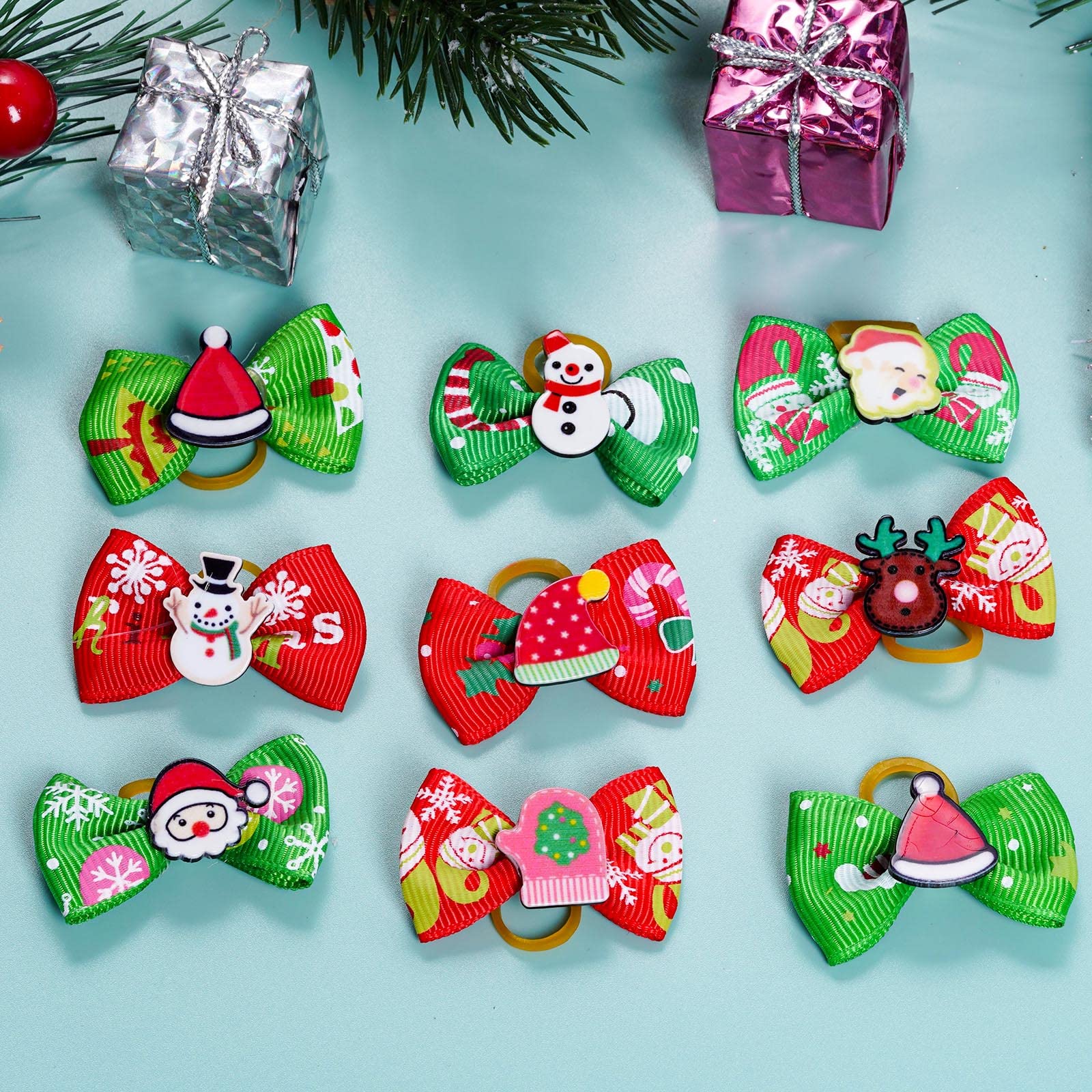 Christmas Dog Hair Bows 20pcs - Red & Green Pet Accessories for Holiday Parties