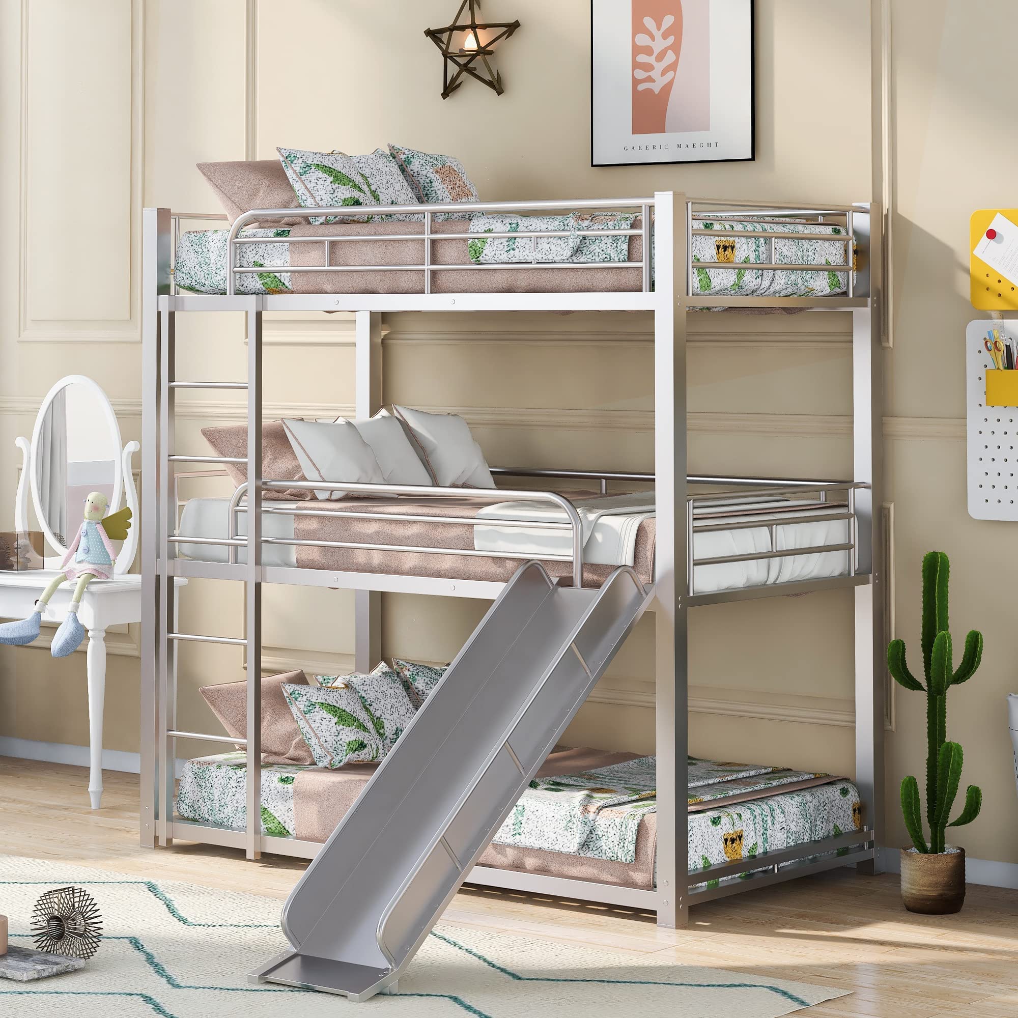 Triple Bunk Bed Metal Twin Over Twin Over Twin with 3 Ladders & Slide - Space Saving Bunk Beds for Kids, Teens & Adults - No Box Spring Needed - Perfect for Small Bedrooms, Dorms & Vacation Homes