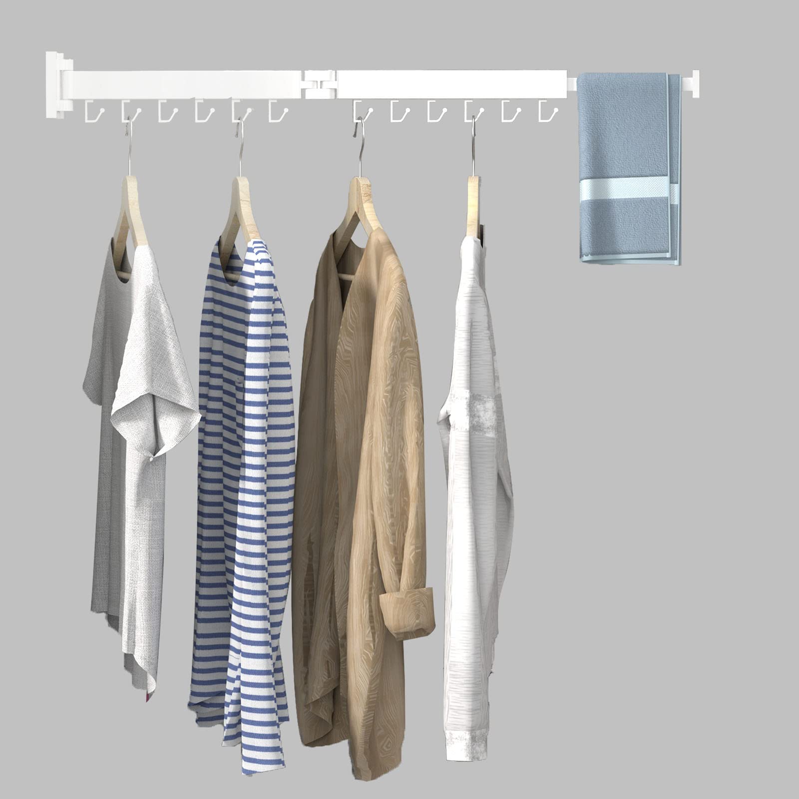 BESTHLS Foldable Wall Mounted Clothes Drying Rack - Space Saving Laundry Organizer with Hangers for Balcony, Mudroom, Bedroom & Kitchen - Perfect for Small Apartments & Dorm Rooms (2-Pole White)