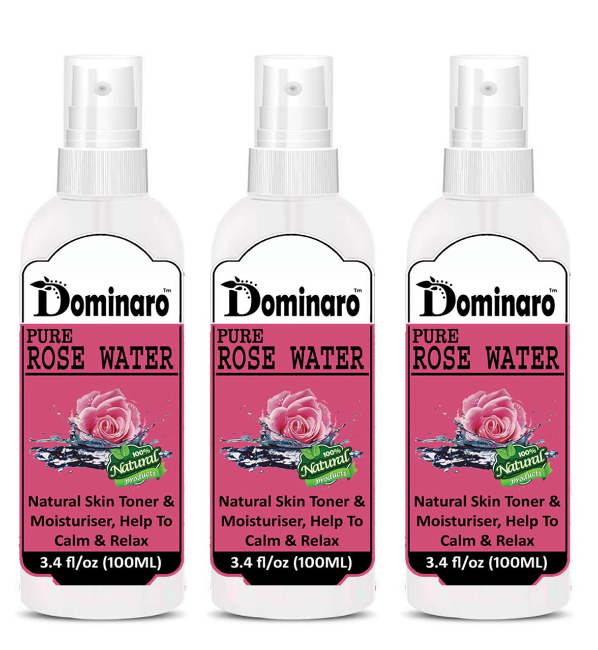 **Dominaro 100% Pure Natural Rose Water Facial Toner & Hydrating Mist - 3-Pack (300ml) for Glowing Skin, Makeup Setting & Daily Refreshment - Men & Women**    *(Use for: Skincare Routine, Post-Workout Refresh, Travel Essential, Makeup Prep & Soothing Irritated Skin)*
