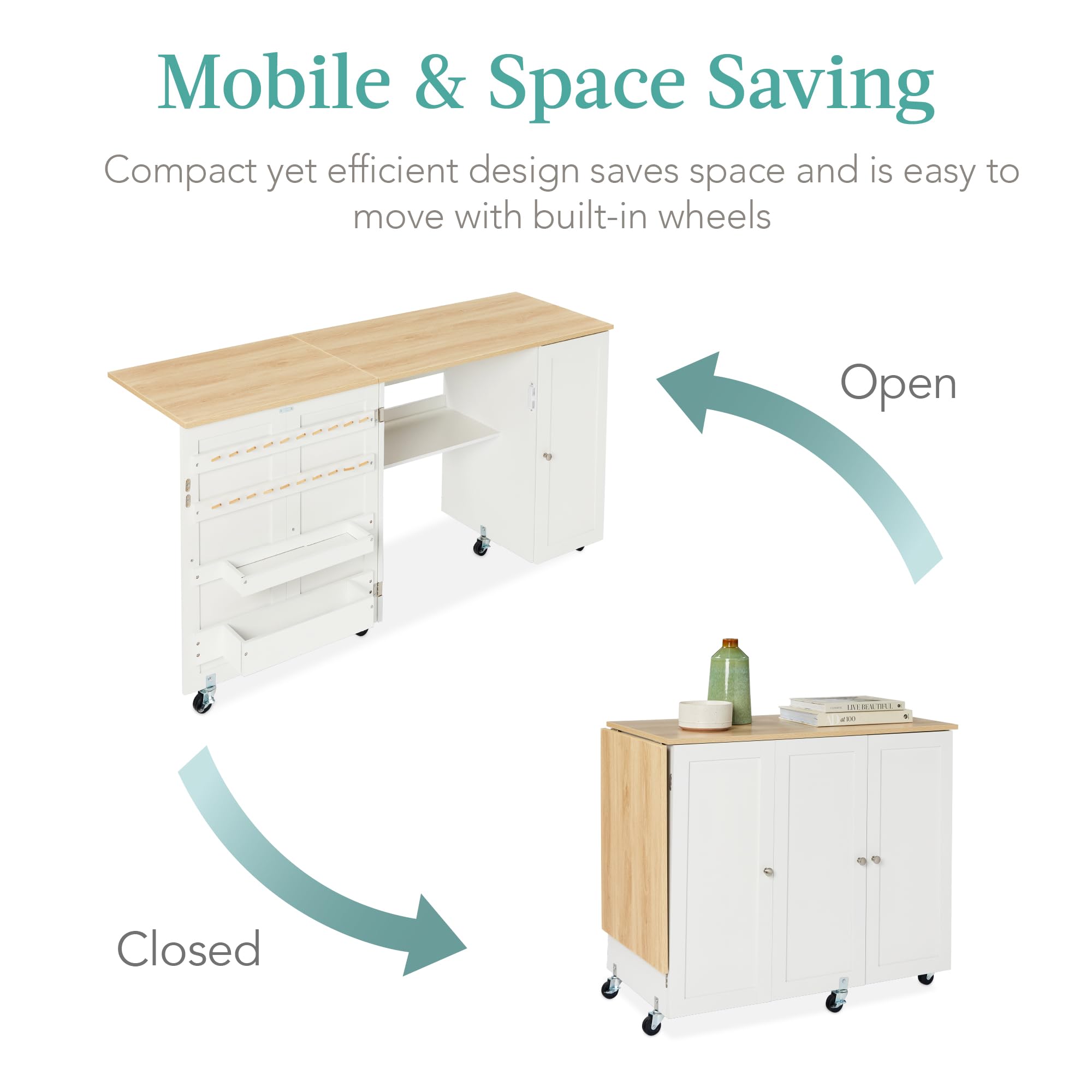 Best Choice Products Large Folding Sewing Table - Portable Craft Station with Storage Shelves, 2 Trays & Magnetic Doors - Natural/White | Perfect for Quilting, Sewing Projects & DIY Crafts at Home
