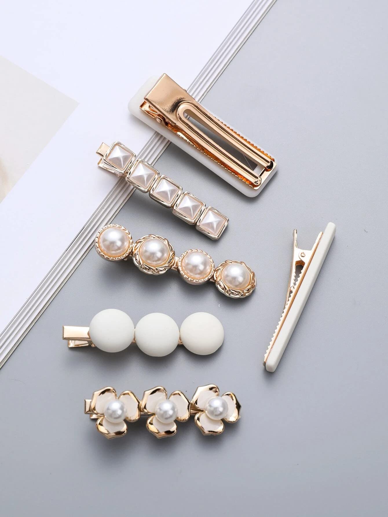 Ashkash 6 Pack White Geometric Square Hair Barrettes – Elegant Hair Clips & Pins for Women & Girls, Perfect for Weddings, Parties & Everyday Styling
