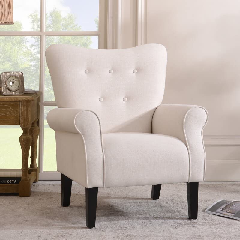Mid Century Modern Accent Chair - High Back Upholstered Armchair with Wooden Legs, Comfortable Reading Chair for Living Room & Bedroom, Beige Fabric Button Tufted Club Chair - Perfect for Relaxing, Reading Nook or Cozy Corner Decor