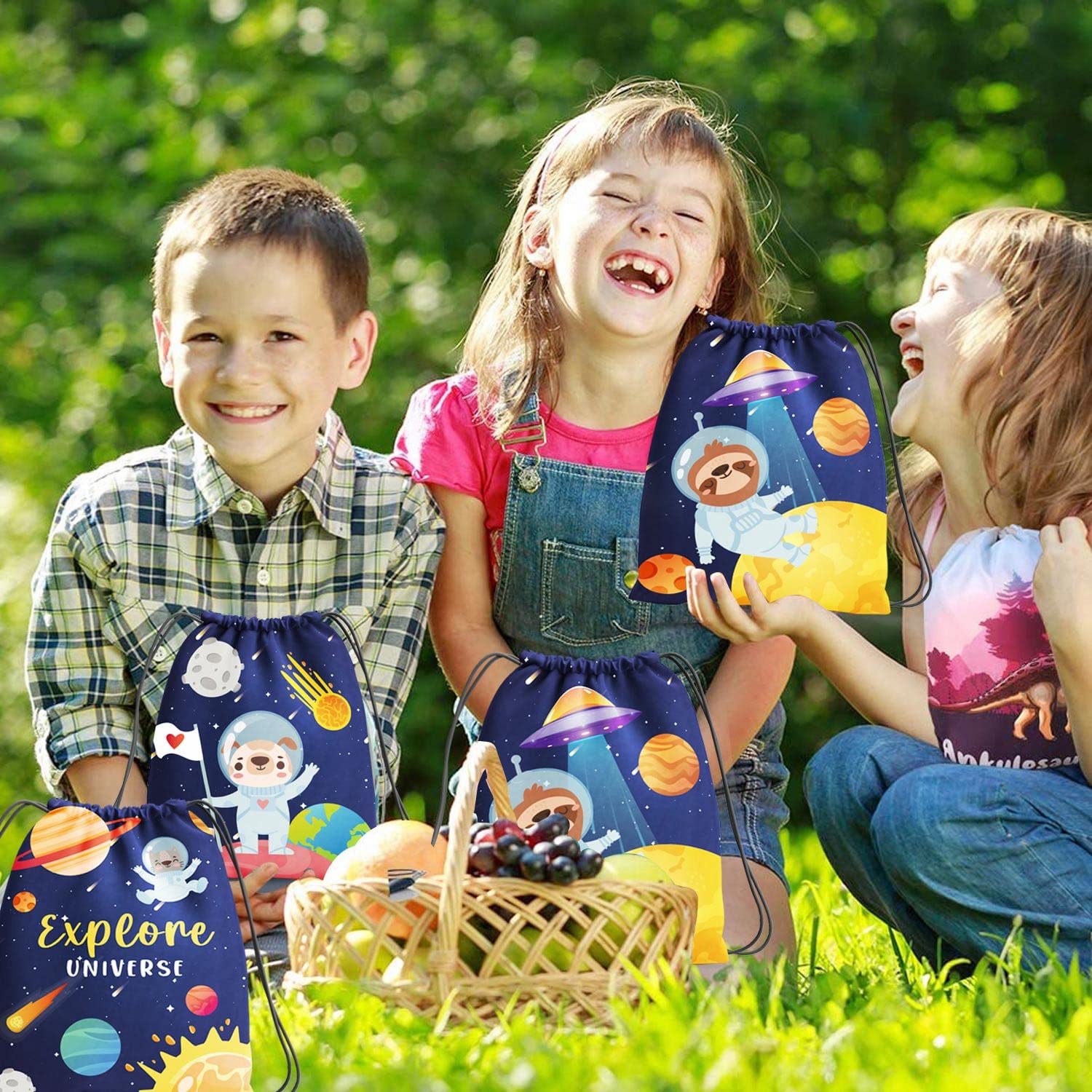 12 Pack Space Themed Party Favor Bags - Kids Birthday Party Supplies, Drawstring Goodie Bags for Boys & Girls, Candy & Snack Storage for School, Travel & Toy Organization - Perfect for Birthday Parties, Classroom Rewards & Travel Snacks